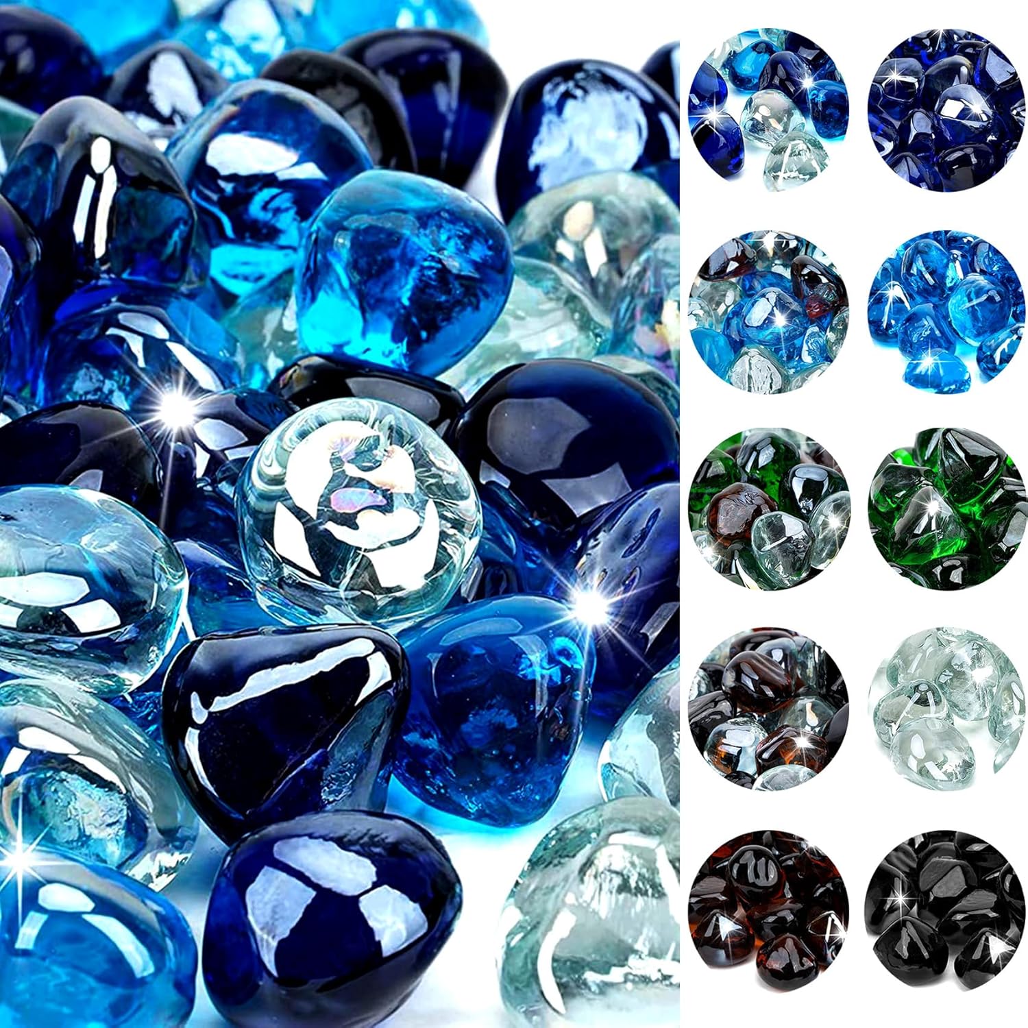 onlyfire 10-Pounds Fire Glass Diamonds for Propane Fire Pit, 1 Inch Blended Firepit Glass Rocks Stones for Gas Fireplace and Fire Pit Table - Cobalt Blue+Crystal Ice+Caribbean Blue…
