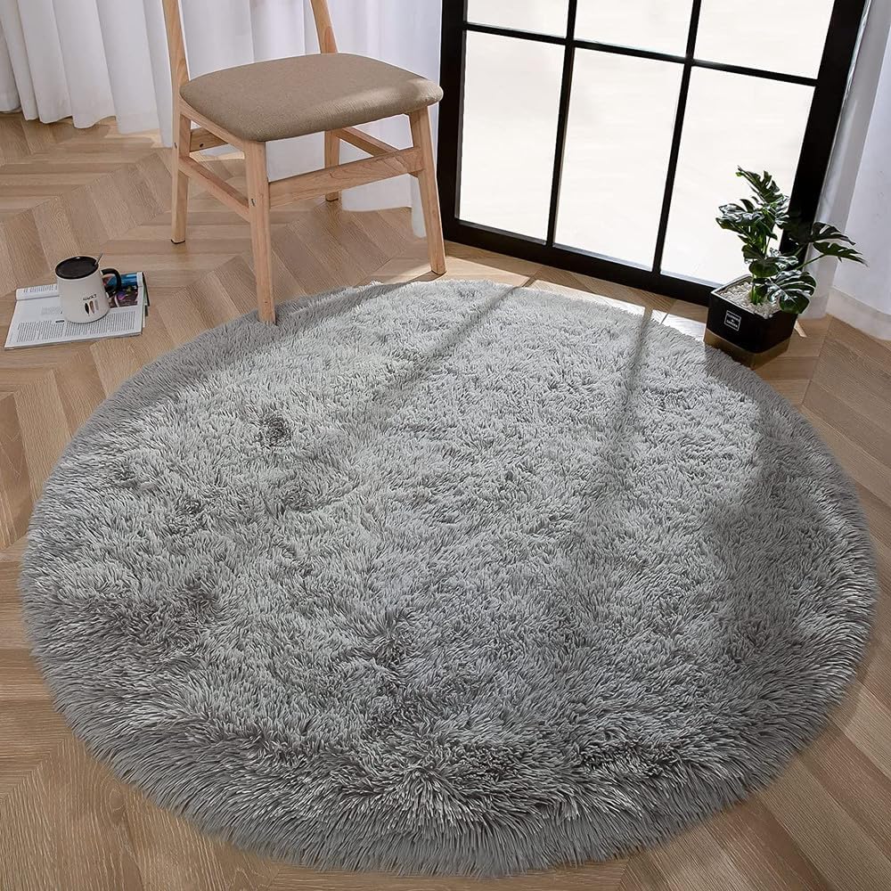 Round Rug Fluffy Soft Area Rugs for Kids Girls Room Plush Shaggy Carpet Cute Circle Nursery Rug for Bedroom,Gray,120X120CM 4X4inch