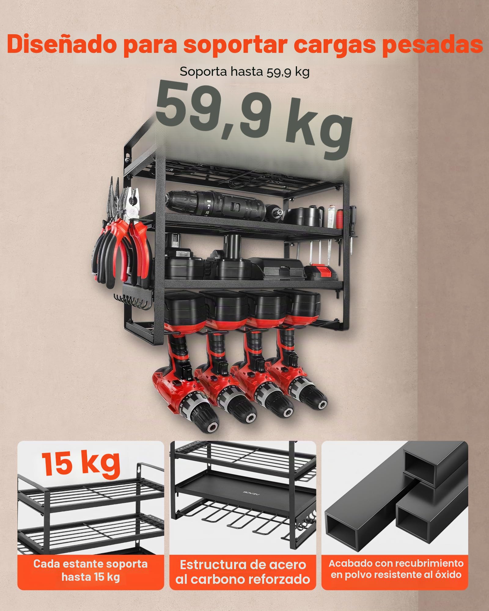 VEVOR Organizador de Herramientas Eléctricas de Pared, Estante de Almacenamiento de 4 Capas con 4 Soportes para Taladros, para Garaje, Banco de Trabajo y Taller, 490 x 200 x 370 mm, Carga 60 kg