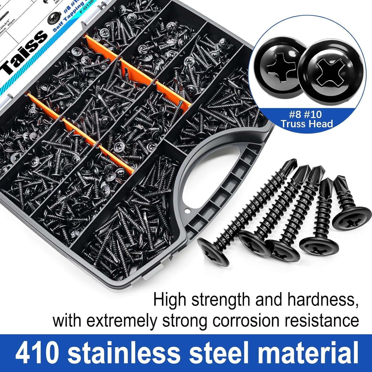 Taiss 610 tornillos de autorroscado #8#10 de acero inoxidable 410, tornillos de perforación automáticos (1/2'' a 2''), tornillos para chapa revestidos de zinc negro