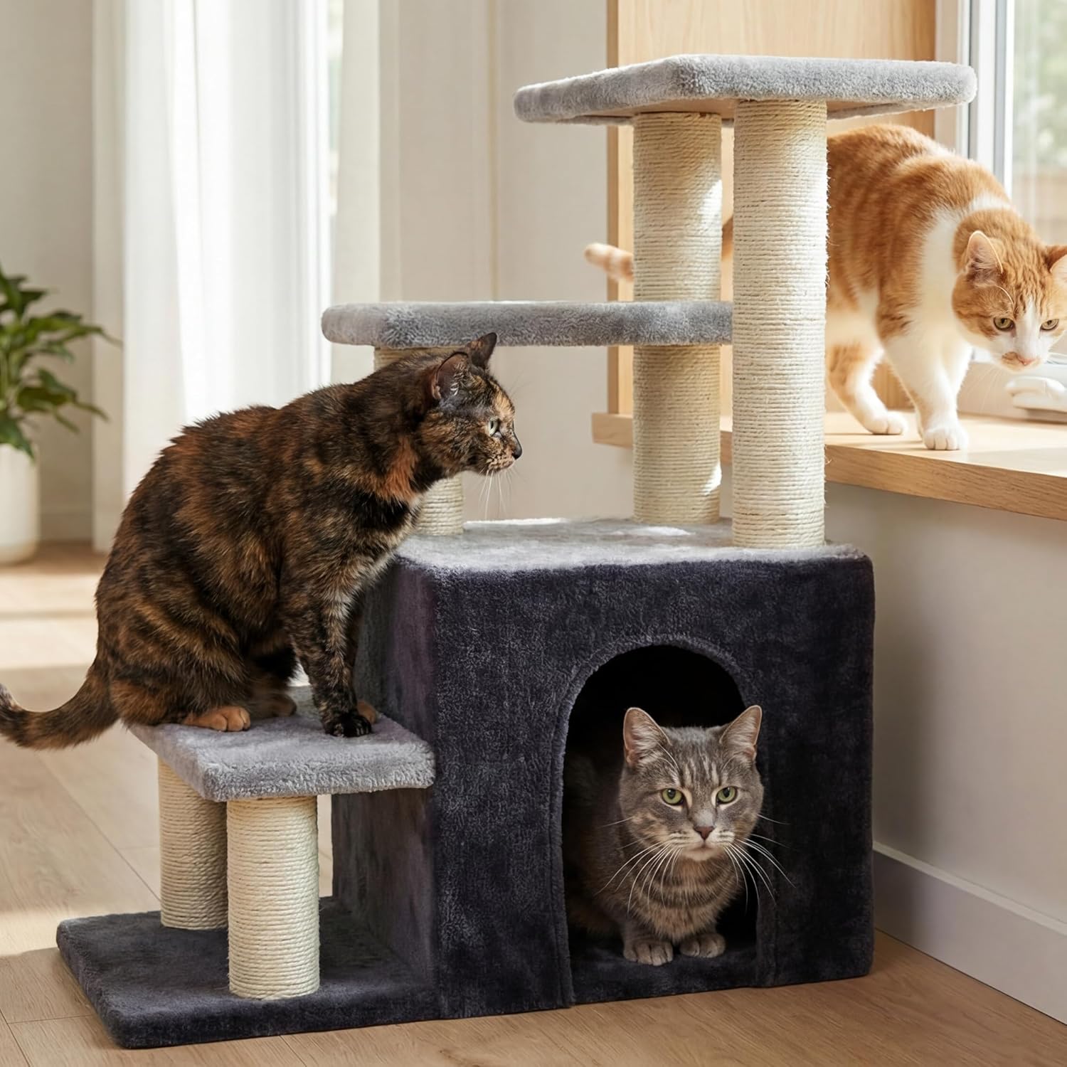 Heybly Pet Stairs for Cats, 29.5 inch High Dog Steps for Small Doggie Rabbits, 9.8''Depth Cat Stairs, Indoor Cat Ladders for High Bed for Pet's Joints, 1 Condo Cave, 6 Sisal Scratcher HSP002SGW