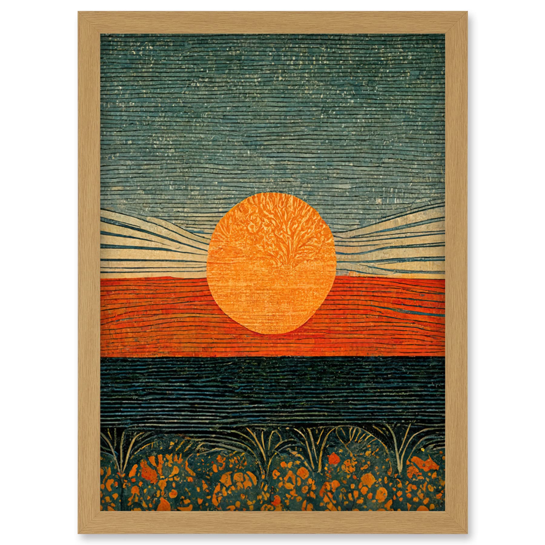 Doppelganger33 LTD William Morris Style Sunrise Over Sea Abstract Artwork Framed Wall Art Print A4