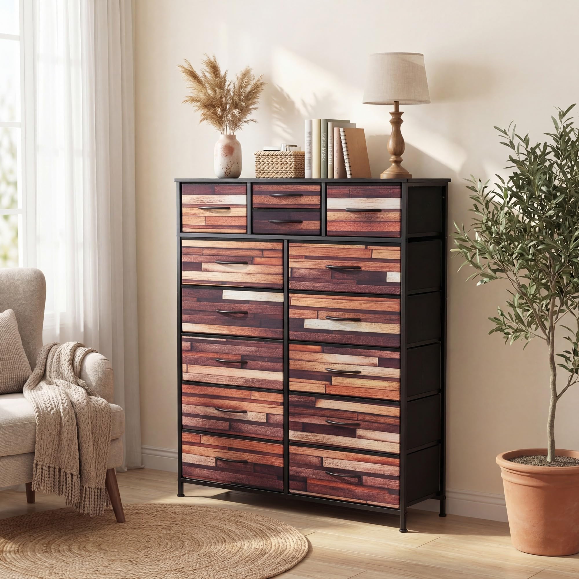 SOARS Cassettiera Camera da Letto con 11/14 Cassetti Pieghevoli, Credenza Soggiorno, Mobiletto Contenitore, Comò Multiuso per Salotto, Ingresso, Stile Industriale, in Legno, Metallo (85 x 30 x 120 cm)