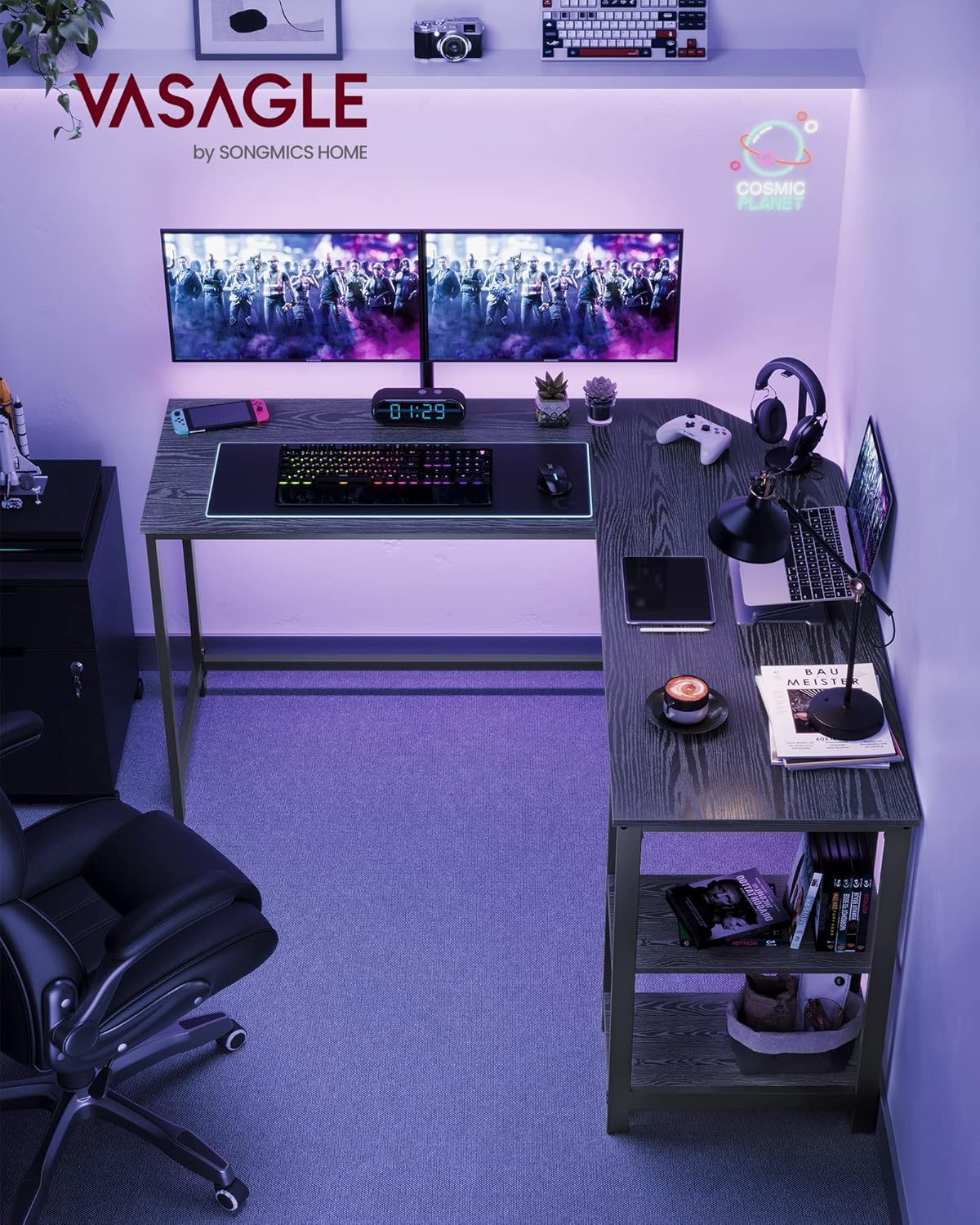 VASAGLE L-Shaped Corner Desk set up for gaming with multiple monitors