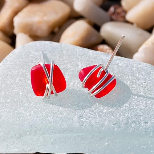Miniatura 37 de Sea Glass Earrings S990 Sterling Silver Hypoallergenic Handmade Stud Post Earrings Beach Glass Fashion Statement Handcraft Jewelry for Women Girls