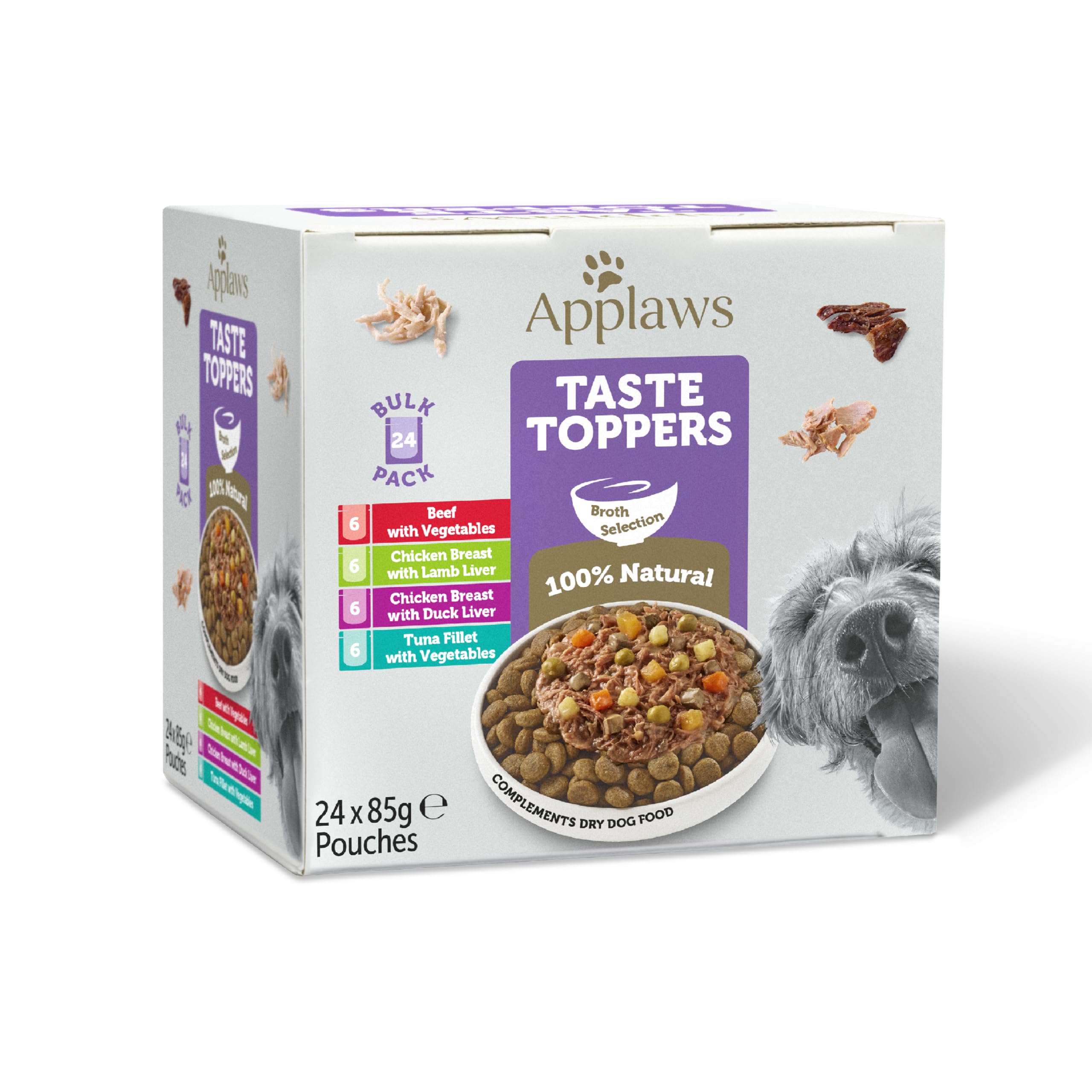 Applaws Taste Toppers Natural Wet Dog Food Pouch, Multipack Meat and Fish Selection in Broth, 24 x 85g Pouches