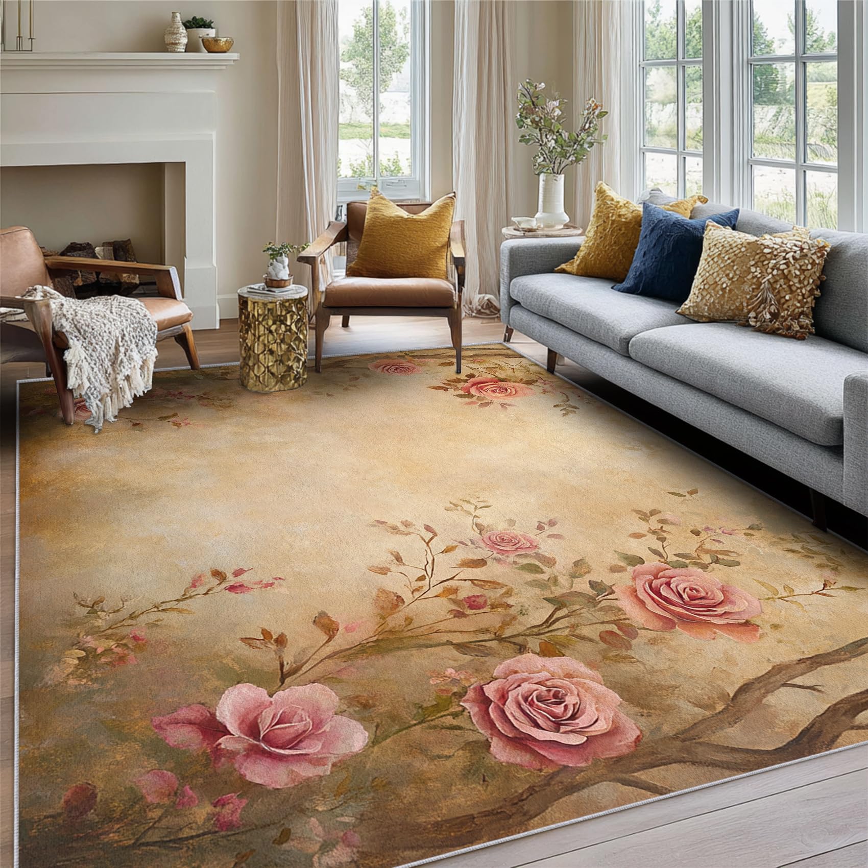 Generisch Teppich Klein Rosa Rosen Blumen 60x90 Deko Schlafzimmer, Vintage Floral Muster Teppich für Küche & Eingangsbereich, Weicher, Waschbar & rutschfest Innen Fußmatte AV213