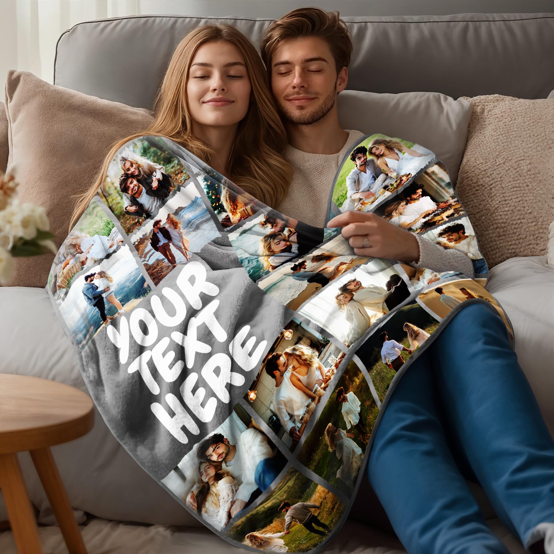 Plaid Personnalisé Photo 150x200cm, Couverture Personnalisée avec 20 Photos et Texte pour Adulte, Cadeau Personnalisée Papa Maman Homme Femme