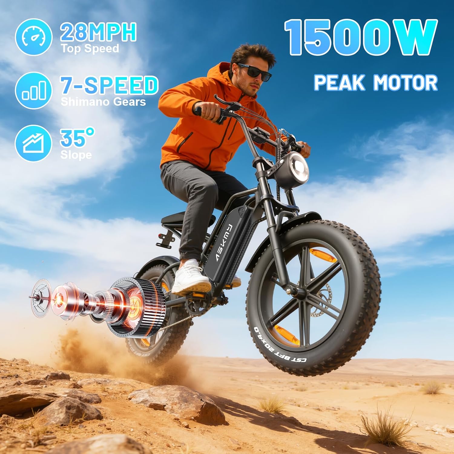 Fat Tire Electric Mountain Bike for All Terrains, 1500W Peak Motor Dirt E-Bike with 28MPH and 60 Miles PAS Range, Electric Bicycles with 48V 15AH Removable Battery, 7 Speed E-Bike for Adults