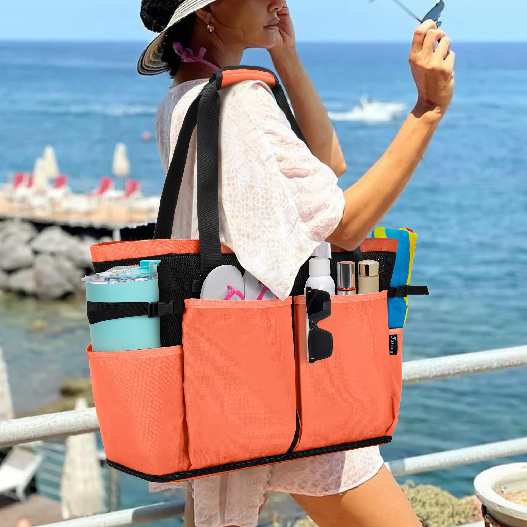 Fasrom Bolsa de Playa de Malla Extra Grande con Cremallera, Naranja | Apertura Inferior Sacude Arena, Bolsillo Impermeable, 6 Bolsillos, Correas Acolchadas, Bolsa Gran Tamano