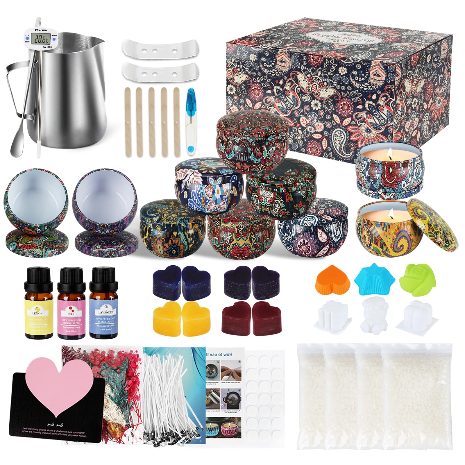UCAMP Kit para Hacer Velas Aromaticas,Kit de Fabricación para Velas con 480g de Cera de Abeja,10 Recipientes para Velas,Aceites Esenciales,Bloques de Color,Cazo para Derretir,Mechas y Accesorios