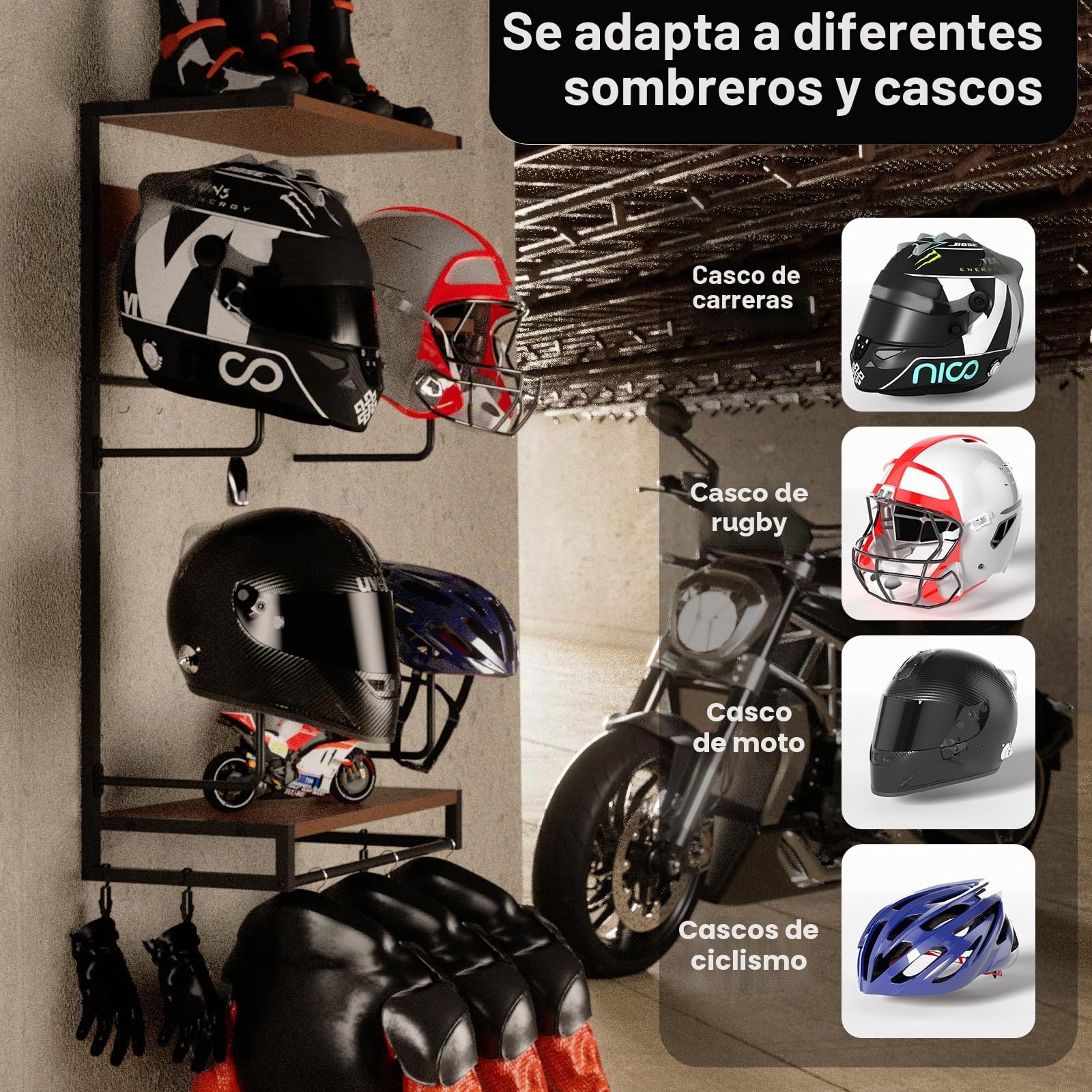 colgador casco moto pared Perchero para Casco Soporte para colagar el Casco y la Chaqueta Gancho con 2 tablas de capas de madera, Tamaño grande