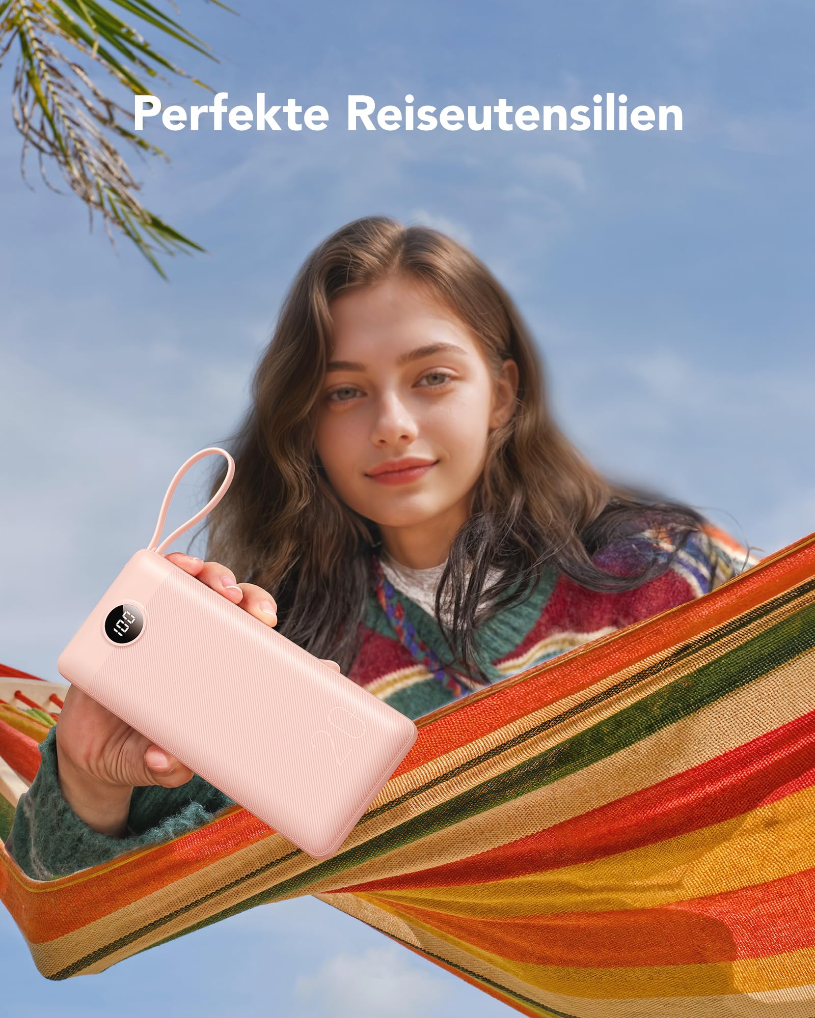 VRURC Powerbank 22.5W Schnelles Aufladen, 20000mAh Power Bank mit Kabel Tragbares Ladegerät USB C LED Display Externer Handyakkus Smartphone Kompatibel mit iPhone, Huawei, Samsung usw - Rosa