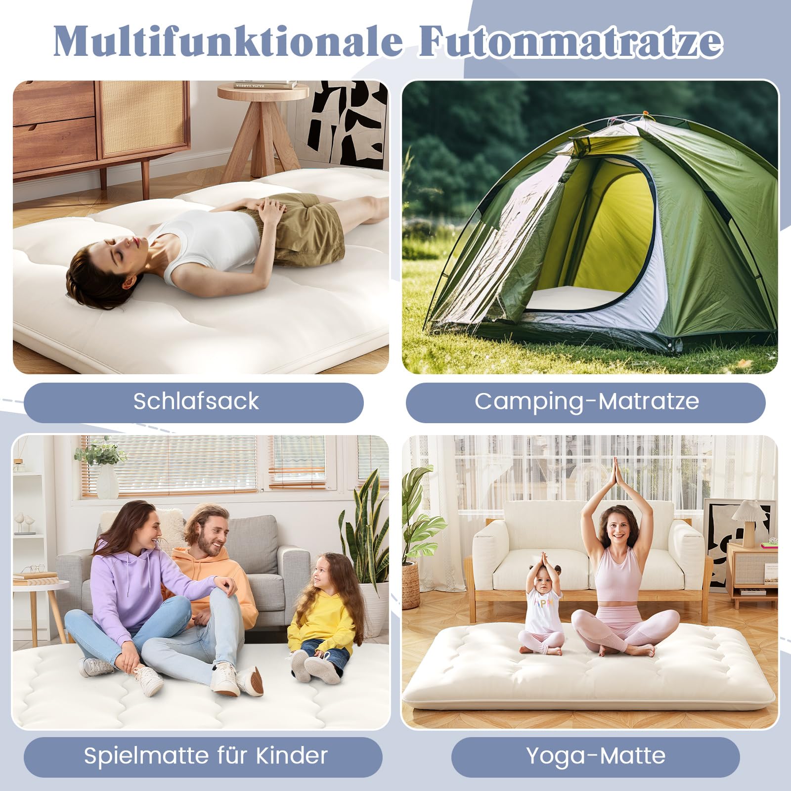 COSTWAY Japoński materac futon, mata tatami, materac podłogowy, składany materac z nadającą się do prania pokrowcem, składana mata do spania z torbą do przenoszenia, 140 x 200 cm, beżowy