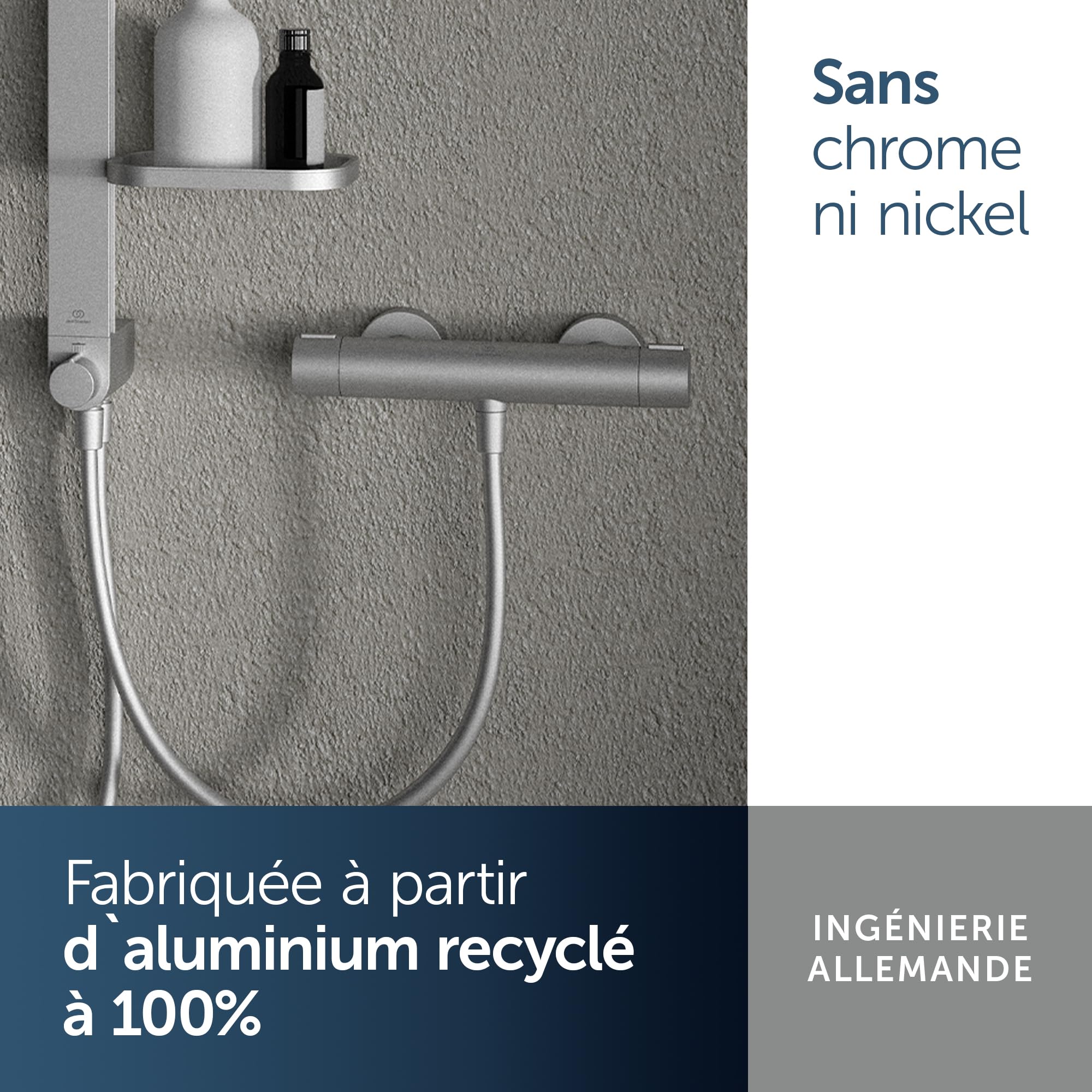 Ideal Standard Ceratherm Alu+ Mitigeur douche apparent, Fabriqué à partir de 100% d'aluminium recyclé, économise l'eau et l'énergie, fonction thermostatique – Argent (292x105x72 mm)