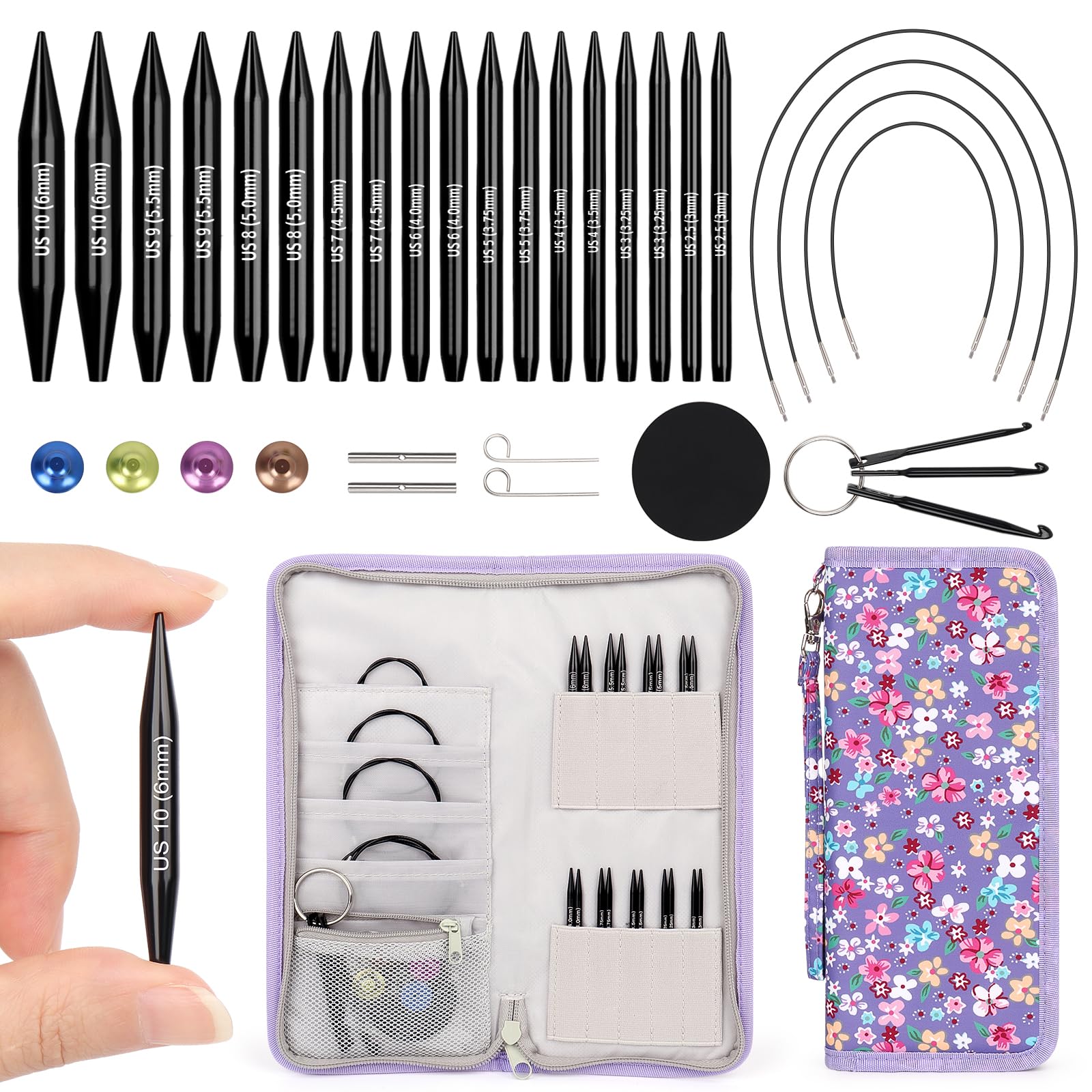 Coopay Juego de agujas de tejer cortas intercambiables, agujas de tejer circulares de 2 pulgadas para calcetines, 9 pares de agujas de tejer intercambiables de 3 mm a 6 mm, aguja de tejer redonda con