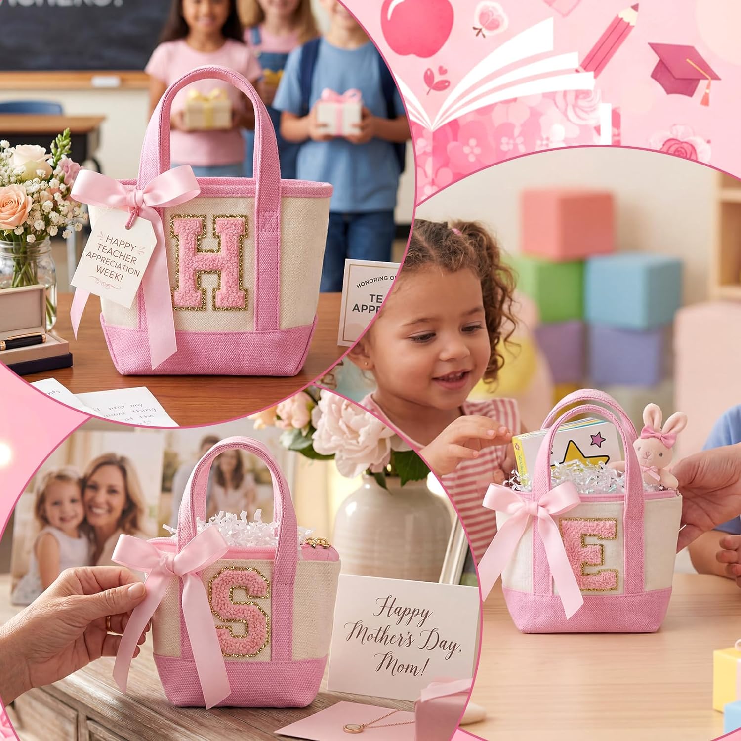 12 Pcs Teacher Appreciation Gift Bags DIY Mini Canvas Tote Bags with Alphabet Stickers Ribbon Raffia Back to School Thank You Gift for Women Tiny Pouch Accessories(Classic,Pink)