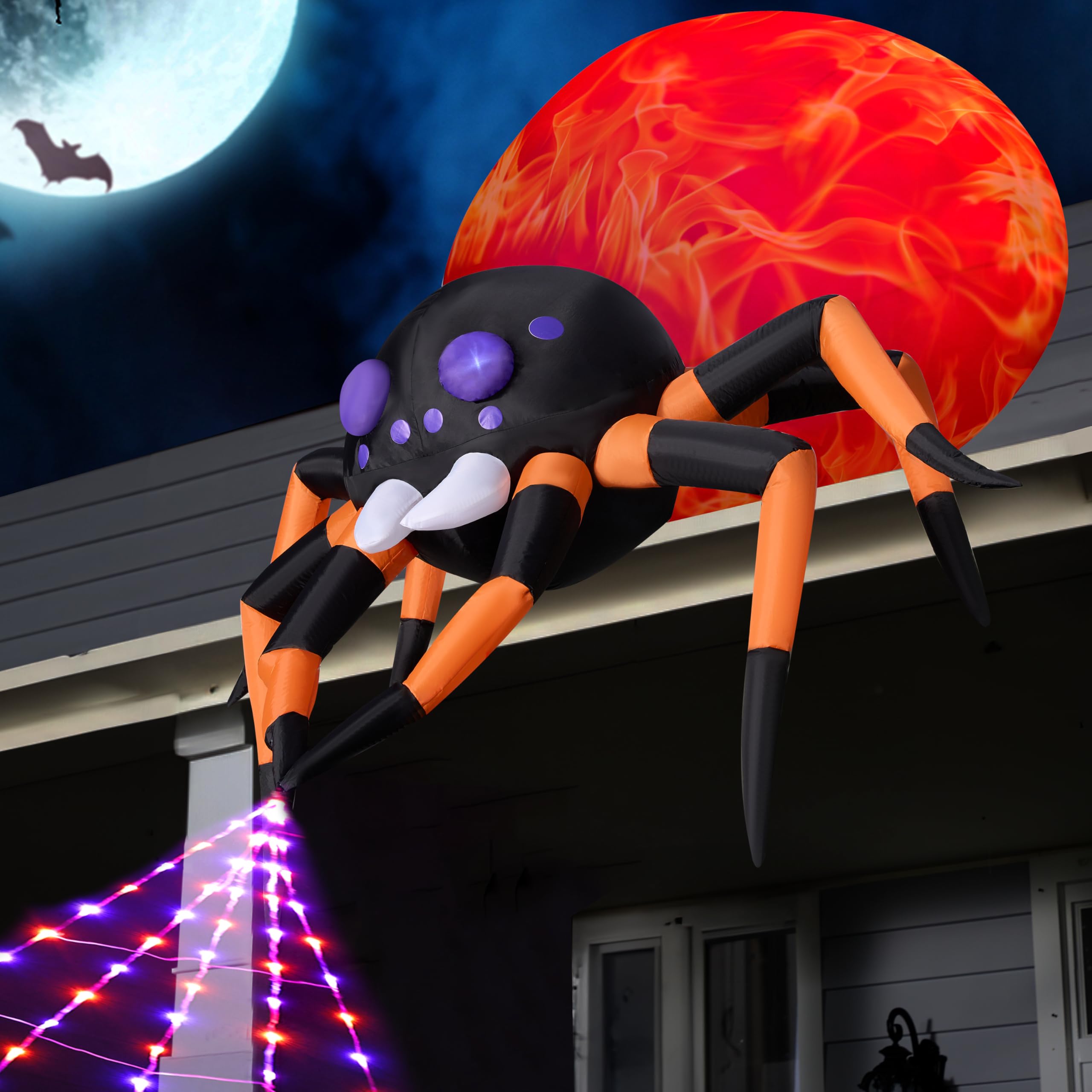 JOIEDOMI 8 Fuß aufblasbare, hängende Halloween-Spinne mit Spinnennetz-Lichtern und eingebauten LEDs. Ideal als Party-Dekoration für Halloween drinnen und draußen im Hof, Garten oder auf dem Rasen.