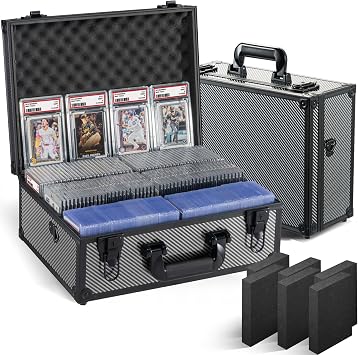 Graded Card Storage Box, 6 Row Carbon Hard Slab Case Trading Card Holder | Super load-bearing aluminum case,Fits 156 PSA/BGS/SGC graded cards Features lock, 6 foam dividers & shoulder strap