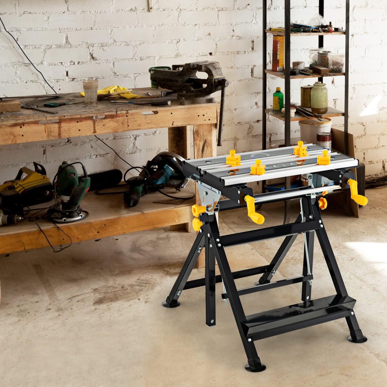 GYMAX Spann- und Arbeitstisch klappbar, tragbarer Untergestell 7-stufig höhenverstellbar, Arbeitsplatz mit ausziehbarer Tischplatte, Werkbank zum Reparieren & Schweißen, inkl. 8 verschiebbaren Klemmen