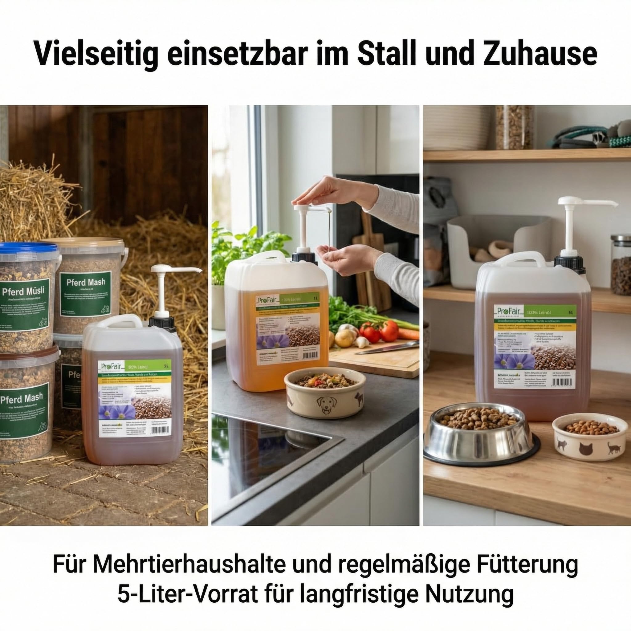 ProFair Leinöl für Pferde, Hunde & Katzen, kaltgepresst unter 40 °C, Erstpressung, 100% reine Leinsaat, Einzelfuttermittel, 5 L Vorratskanister inkl. Kanisterpumpe (ca. 30 ml/Hub)