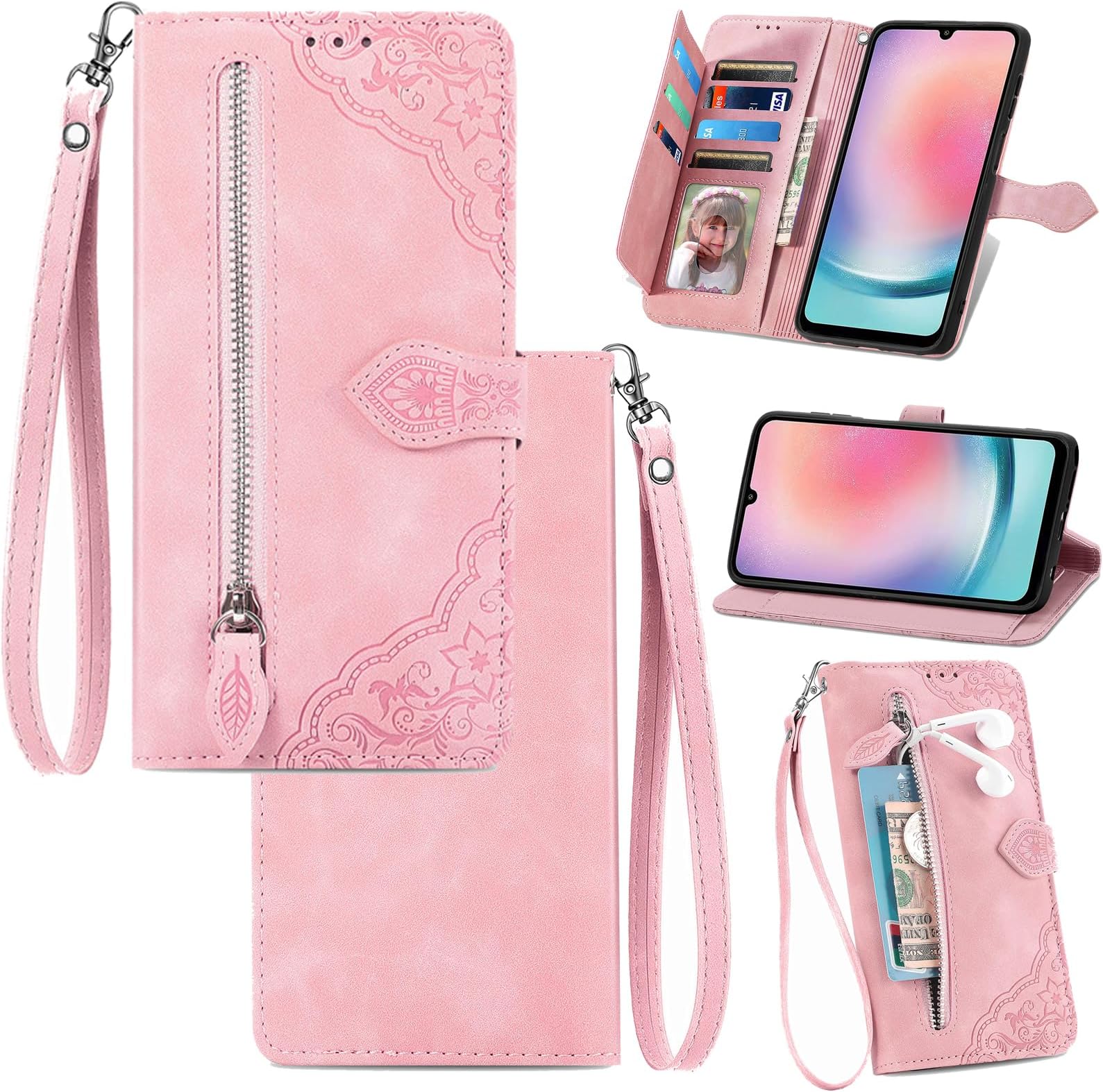 Compatible with Tecno Spark 6 Go Case,Compatible with Tecno Spark 6 Go Wallet Zipper Card Holder Flip Stand Magnetic Closure Cover Pink