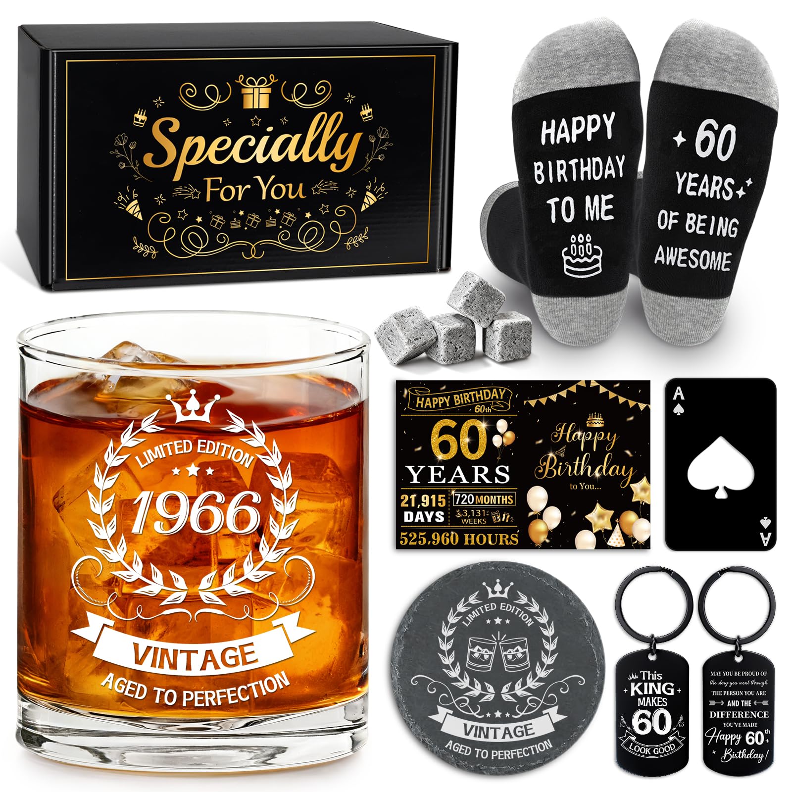 Epaing 1966 60th Birthday Gifts for Men Whiskey Glass Set, Vintage 430ml Whisky Glass Personalised Gifts for Mens, Whiskey Gift Set for Men with Whiskey Stones Keyring Bottle Opener Coaster Card Socks