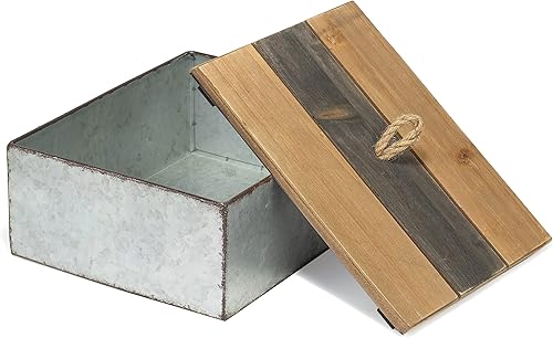 Red Co. Caja de almacenamiento decorativa de metal galvanizado rústico de 10.25" x 8" con tapa de madera
