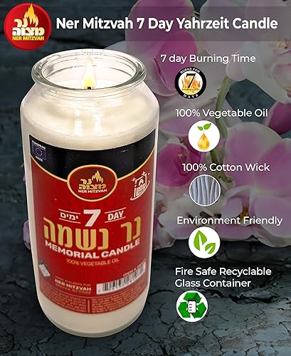 Miniatura 2 de Ner Mitzvah Vela Yahrzeit de 7 días  1 paquete de velas conmemorativas de Yahrzeit blanco kosher  Yom Kippur y vela navideña en tarro de vidrio