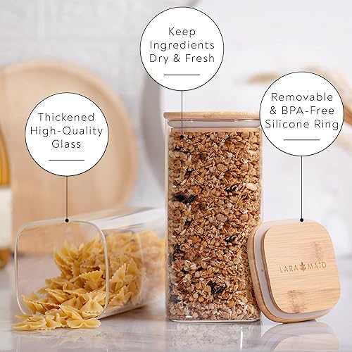 Miniatura 4 de Laramaid Tarro cuadrado de vidrio de 51 onzas, tarro de almacenamiento con tapa de bambú y anillo de sellado, recipientes de almacenamiento de