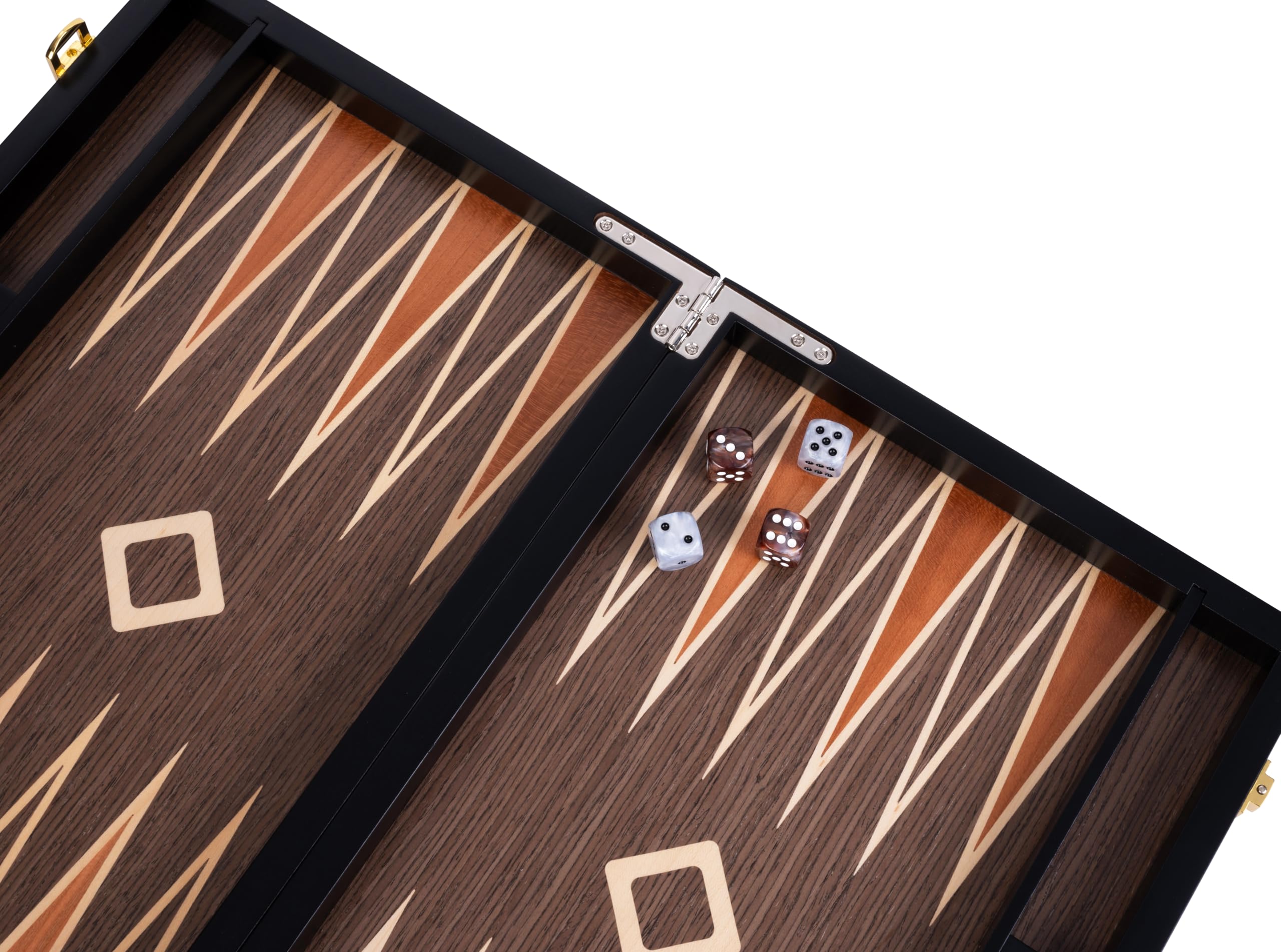 Engelhart - 250546 - Backgammon de Luxe 15 Pouces - Plaqué Bois de Ronces de Noyer Verni - Jeu de Société Classique – Cadeau Élégant - 50 x 39 x 2,5 cm (Ouvert) - Jeux en Bois Marquete