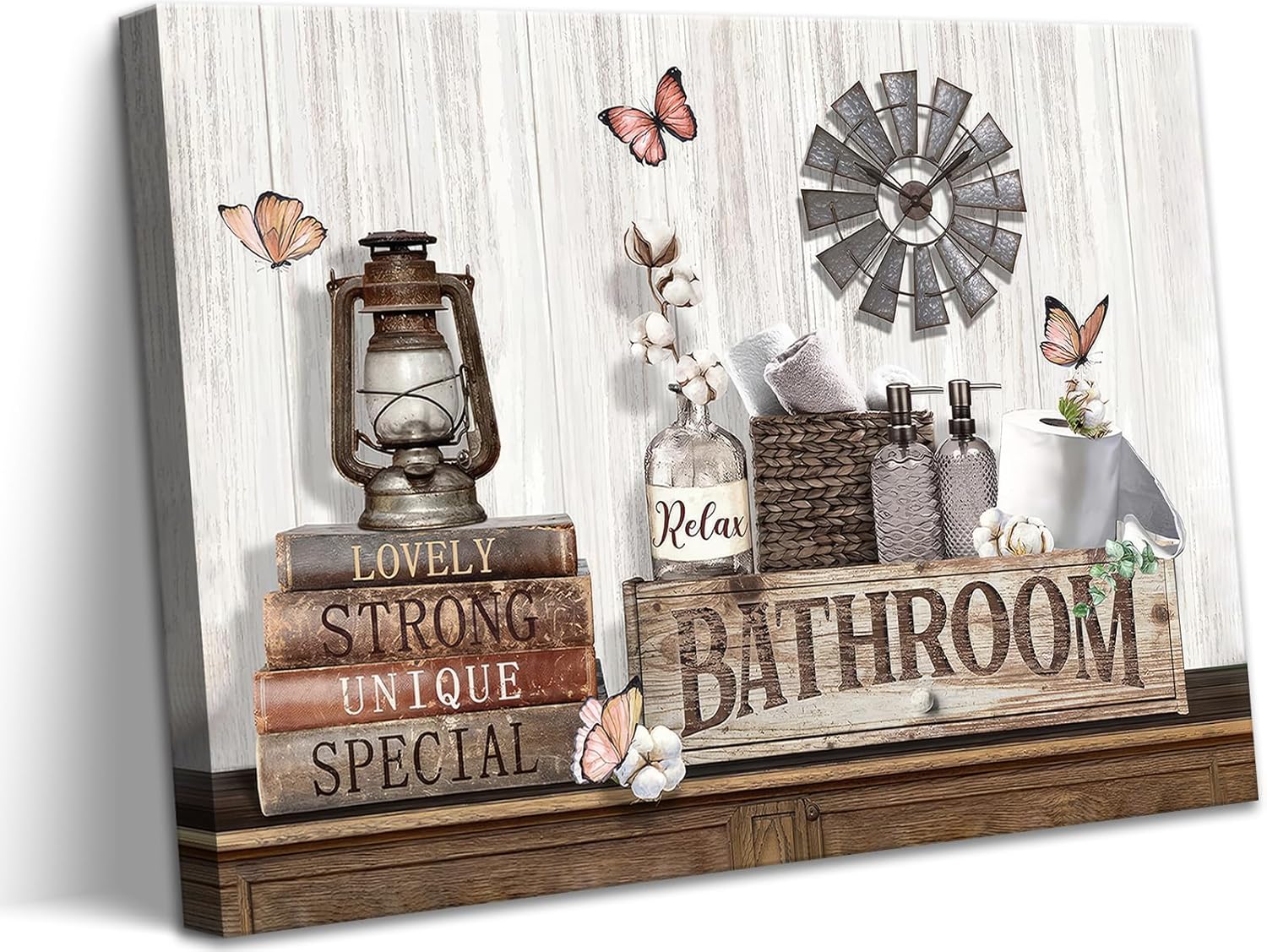 Farmhouse Bathroom Wall Art Rustic Cotton Flower Butterfly Painting Country Bathroom Picture Wall Decor Modern Country Relax Sign Prints Rustic Farmhouse Inspirational Print Artwork Home Decor 12x16" Rustic bathroom 16L" x 12W"