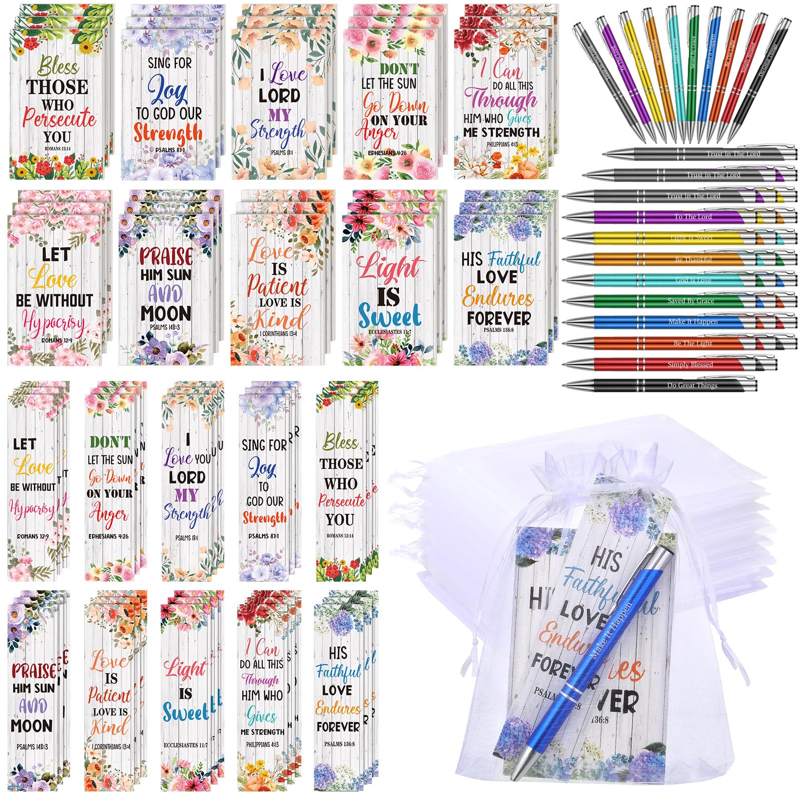 Sinmoe 120 Pcs Mother's Day Bible Gifts Set Include Bible Verses Bookmarks Scripture Ballpoint Pens Christian Notebooks White Organza Bags for Mothers