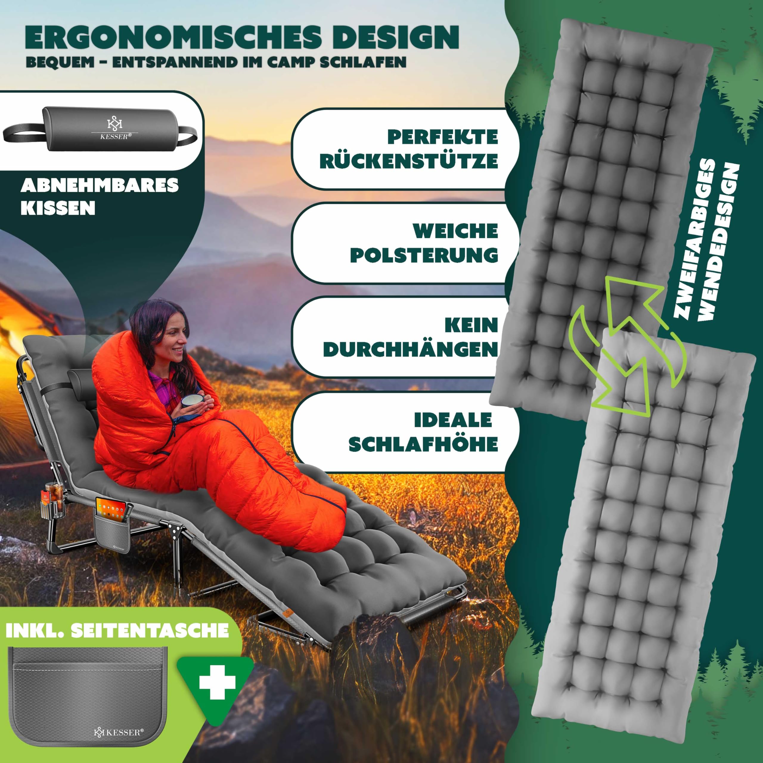 KESSER® Campingbett Feldbett klappbar 190x68x30cm bis 250kg belastbar aus Oxford-Gewebe & stabilem Stahlgerüst, Sonnenliege für Camping inkl. Tragetasche, Nackenkissen, Seitentasche & Getränkehalter