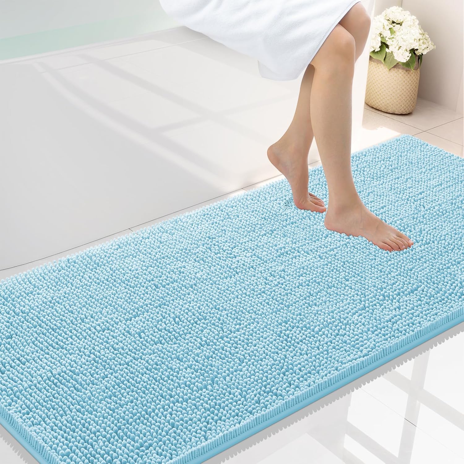 Smiry Luxury Chenille Bathroom Rugs 59x24, Extra Soft and Absorbent Shaggy Bath Mat, Machine Washable, Non-Slip Plush Carpet Runner for Tub, Shower, and Floor, Home Decor Accessories, Sky Blue