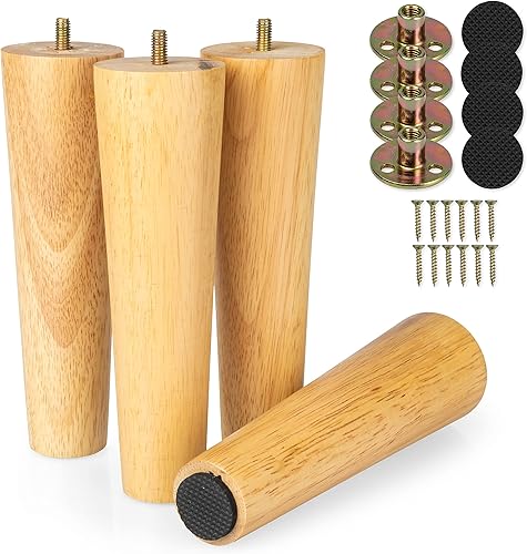 Ilyapa Pies de madera para muebles, juego de 4 patas cónicas de repuesto de madera de caucho natural de 8 pulgadas para sofás, sillas, sofás biplaza