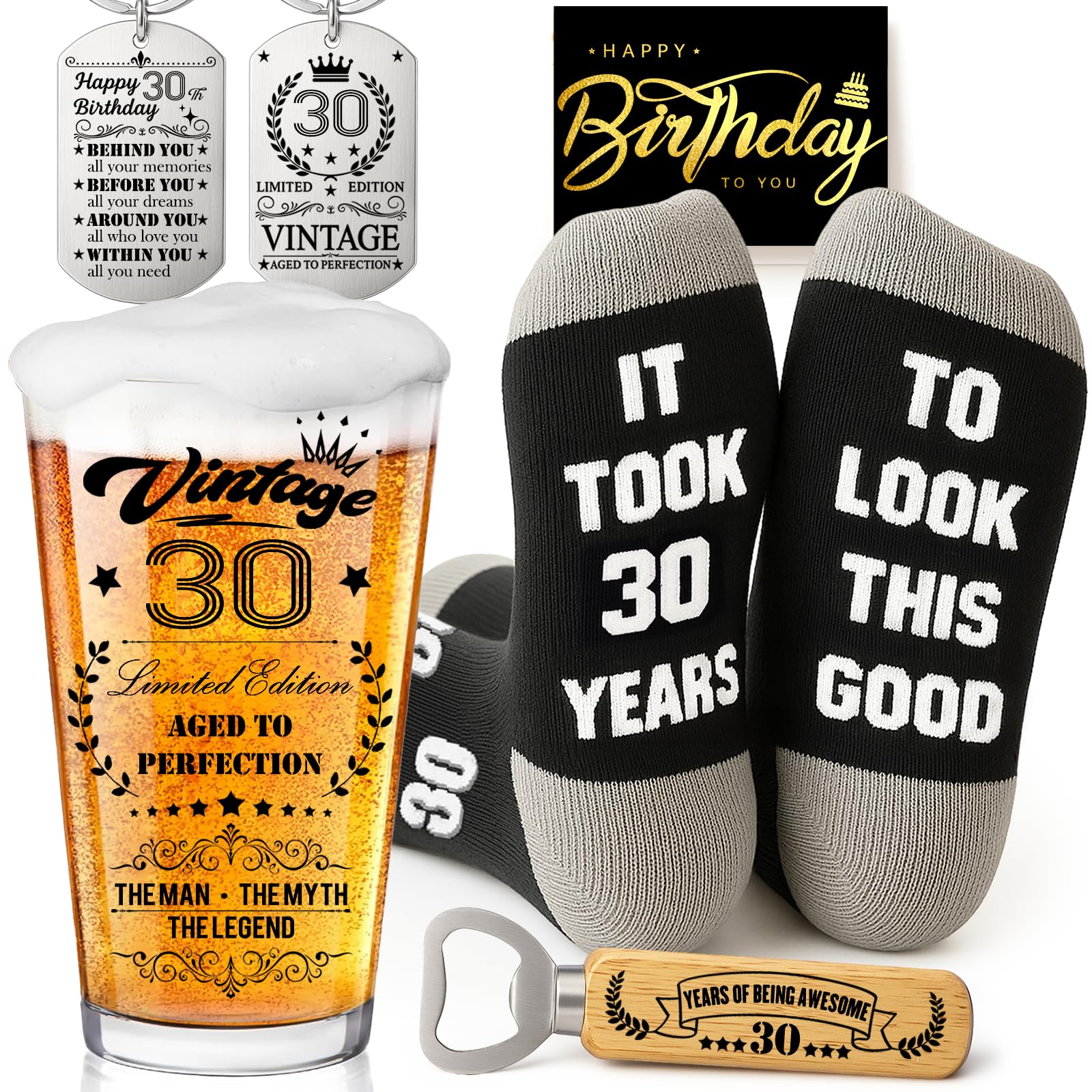 Joybble 30th Birthday Gifts for Men, 30th Birthday Decorations Beer Glass in Vintage Box, Valentine's Day Gift Beer Glasses Gift Ideas, Presents for Men, Funny Socks & Keychain & Bottle Opener