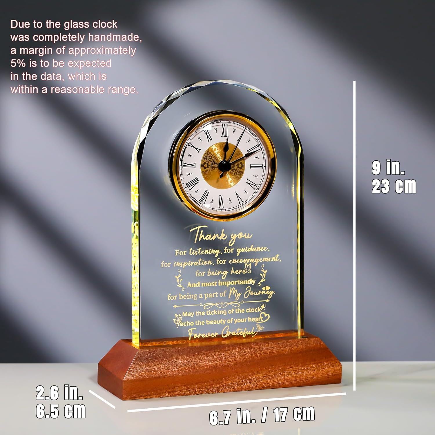 Ornalrist Thank You Gifts Glass Clock for Women, Boss, Men with Wooden Warm Light Base - Appreciation Gifts for Friend, Teacher, Coworkers, Inspirational Quotes Glass Clock Desk & Home Decor - Image 4