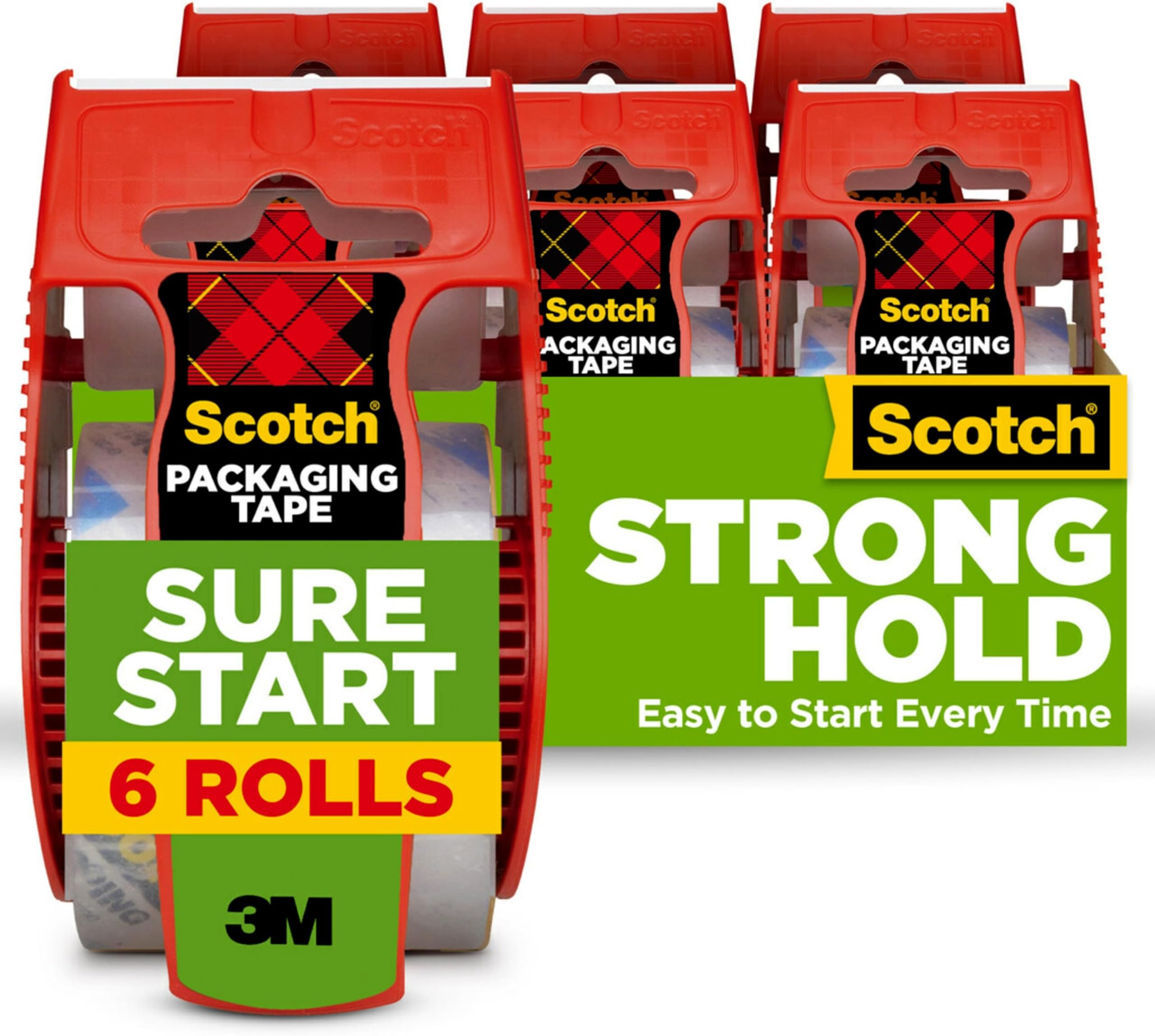 145-6 Sure Start Packaging Tape, 2 Inches x 22.2 Yards, 2-Inch Core, Clear, 6/Pack
