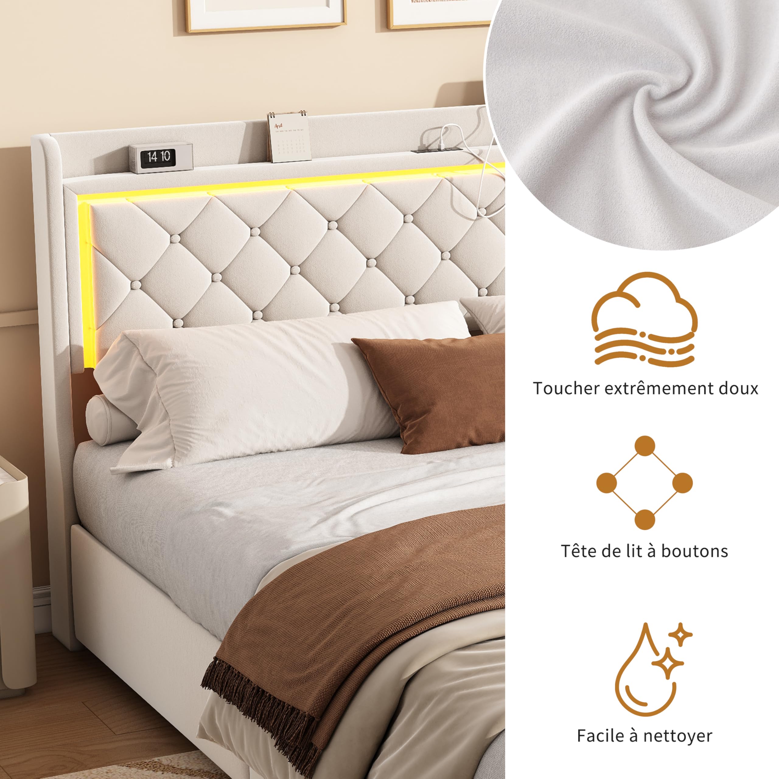 Cama Tapizada 140x190 con almacenaje,Cama Matrimoniales con 4 Cajones Cama Doble con Somier Cama Acolchada con USB y Luz LED Marco de Cama con Cabecero Cama Juvenil, Terciopelo Beige, Sin Colchón