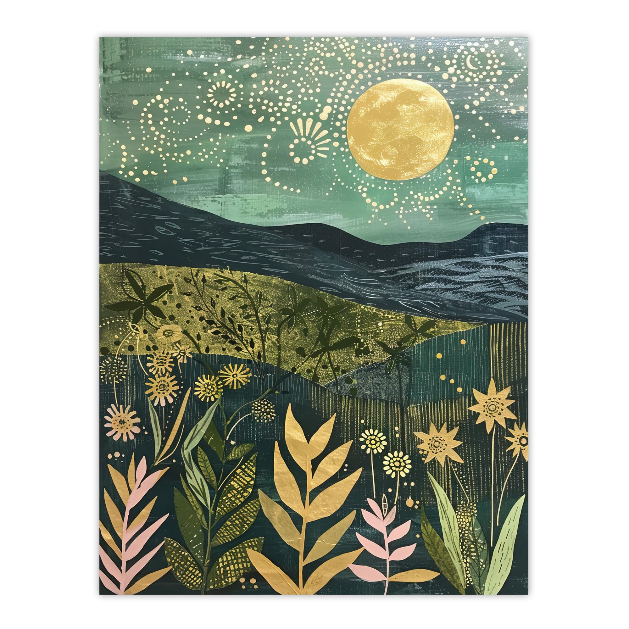 Full Moon Floral Landscape Folk Art Painting Print - Artery8 - Blue - W24 x H32 inch