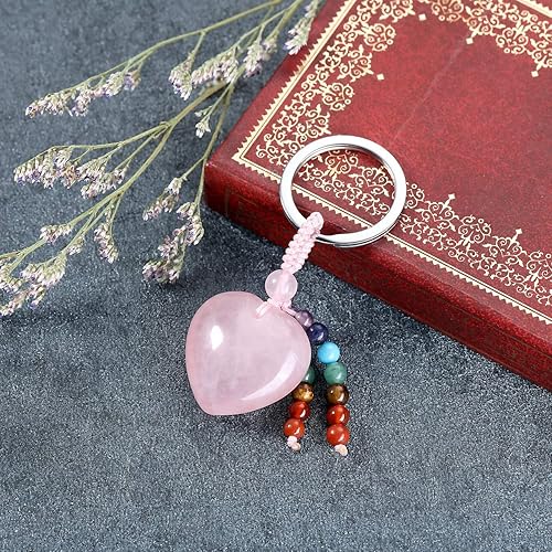 Miniatura 2 de Jovivi Llavero de piedra de amor de cristal de cuarzo rosa natural, 7 chakras, reki, cuentas de piedras preciosas de cristal curativo con borla para