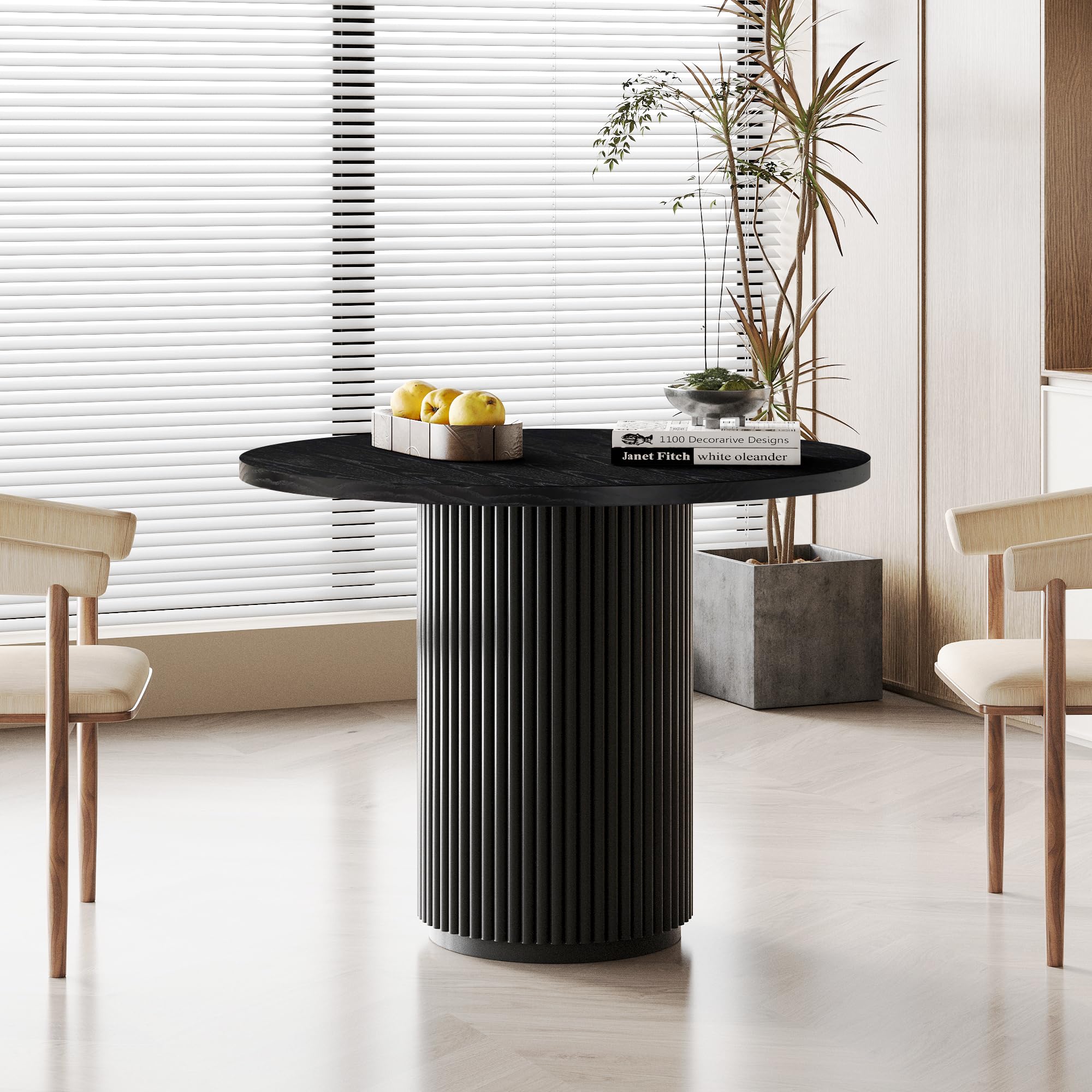 SIMTONAL Round Dining Table, Modern Farmhouse Kitchen Table Black, 35 Inch Small Circle Dining Tables with Solid Wood Strip Base for Kitchen Living