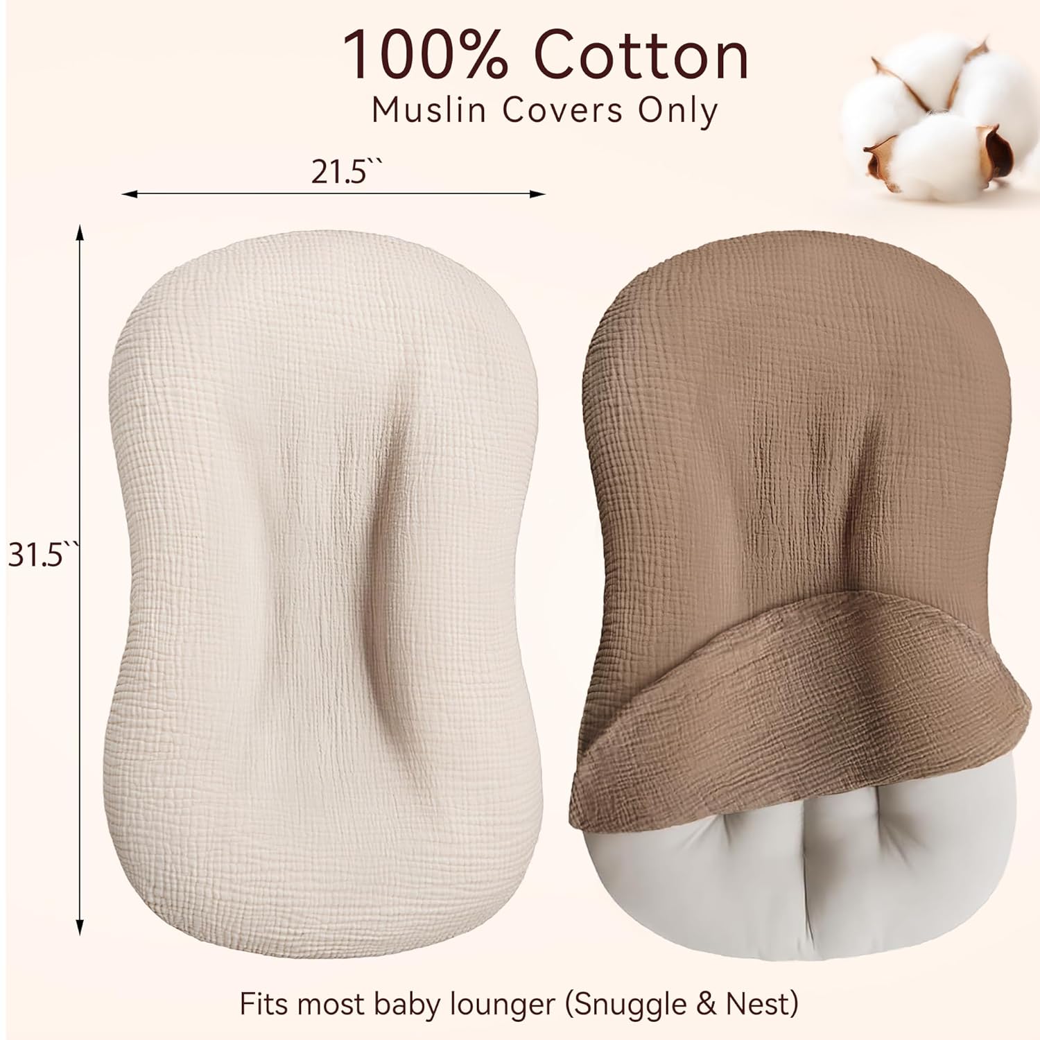 Muslin Baby Lounger Cover 2 Pack, Cotton Soft Breathable Infant Nest Slipcovers, Envelope Closure, Compatible with Snuggle Me Loungers, Machine Washable, Cover Only, for Boys Girls(Brown & Beige) - Image 2
