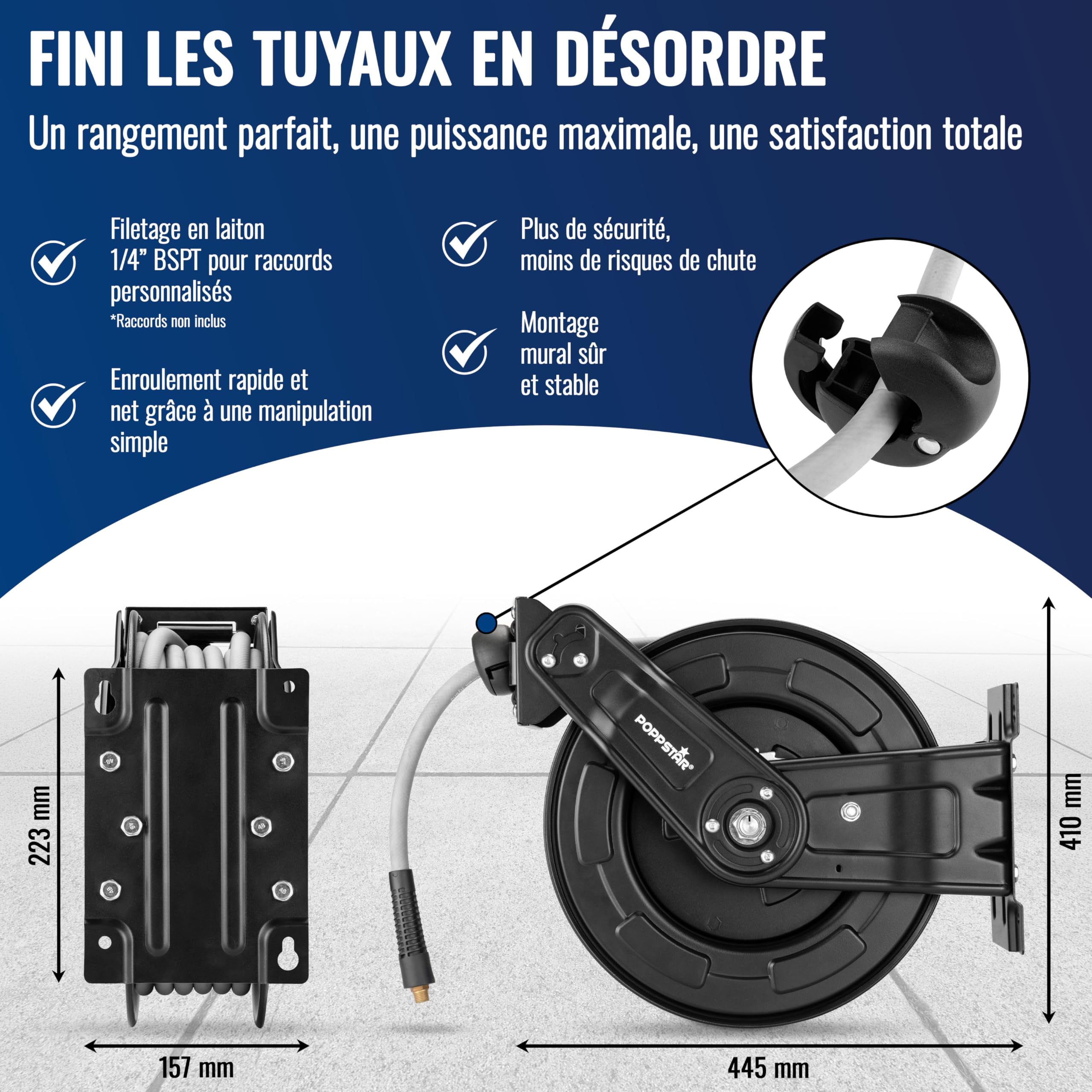 Poppstar Enrouleur de tuyau d'air comprimé en acier (20m+2m, diamètre (9,2x15mm)), raccords 1/4 pouce BSPT