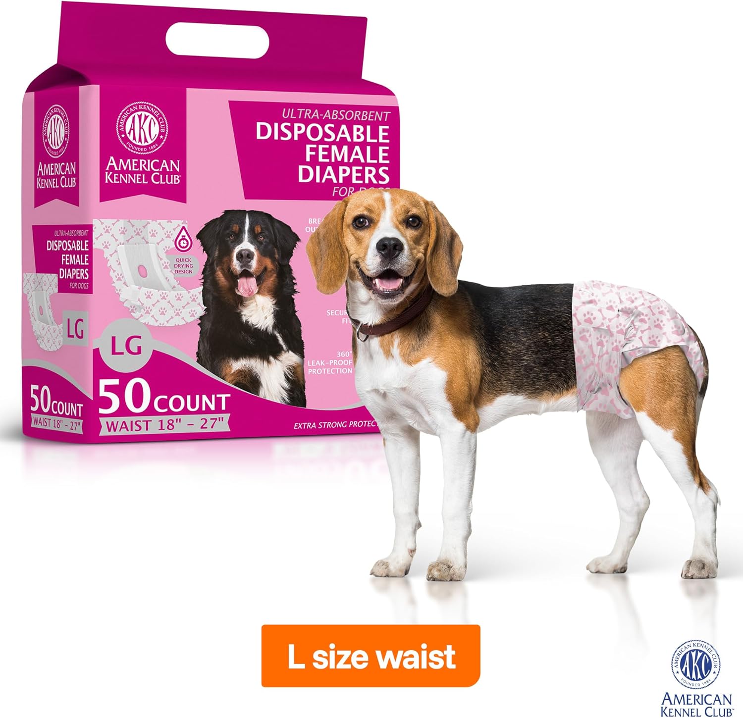 american kennel club female dog wrap, disposable diapers with wetness indicator (l – low tail (18–27 in), 50, count)