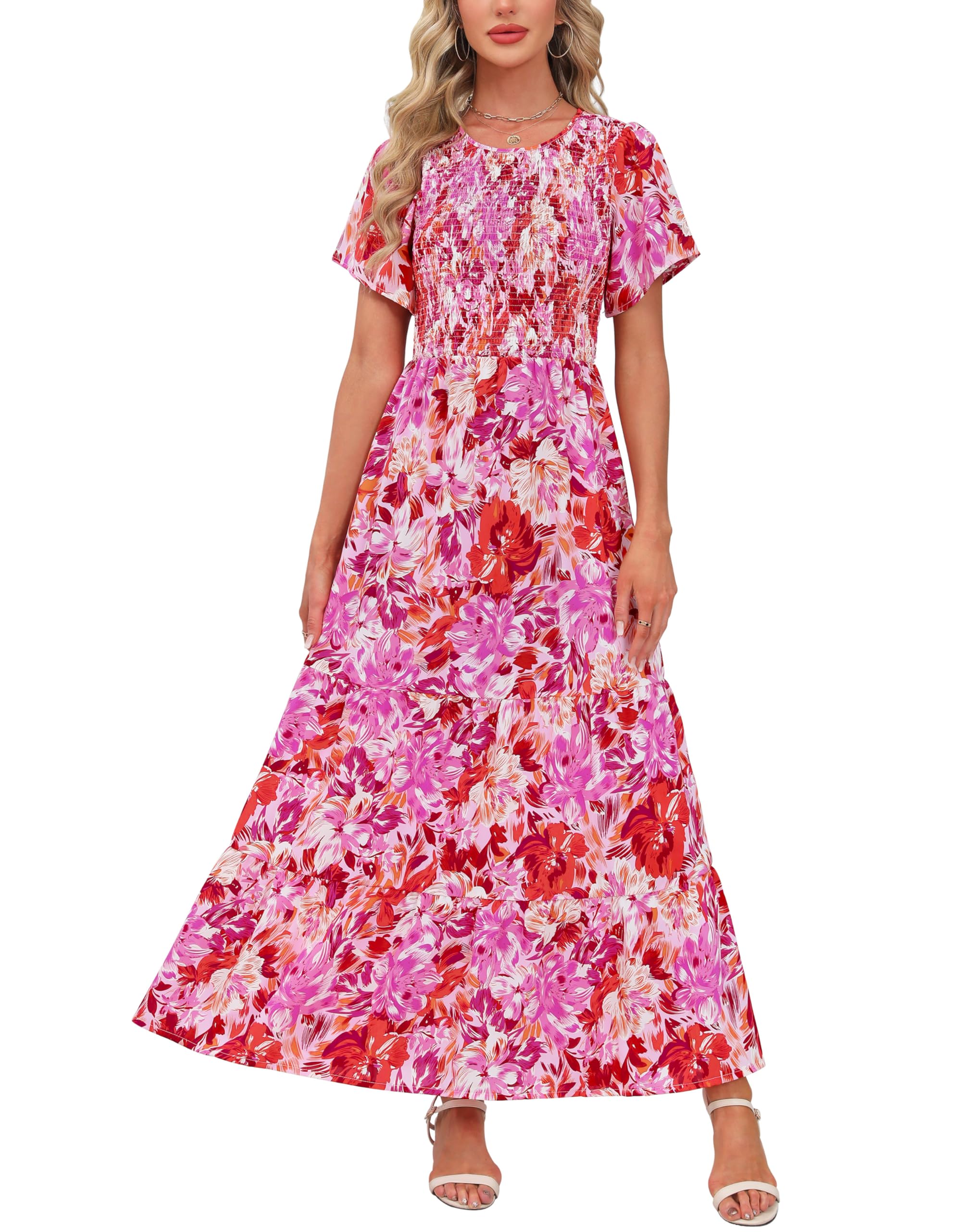 Kranda Women 2025 Summer Fall Crewneck Short Sleeve Smocked Floral Maxi Dress