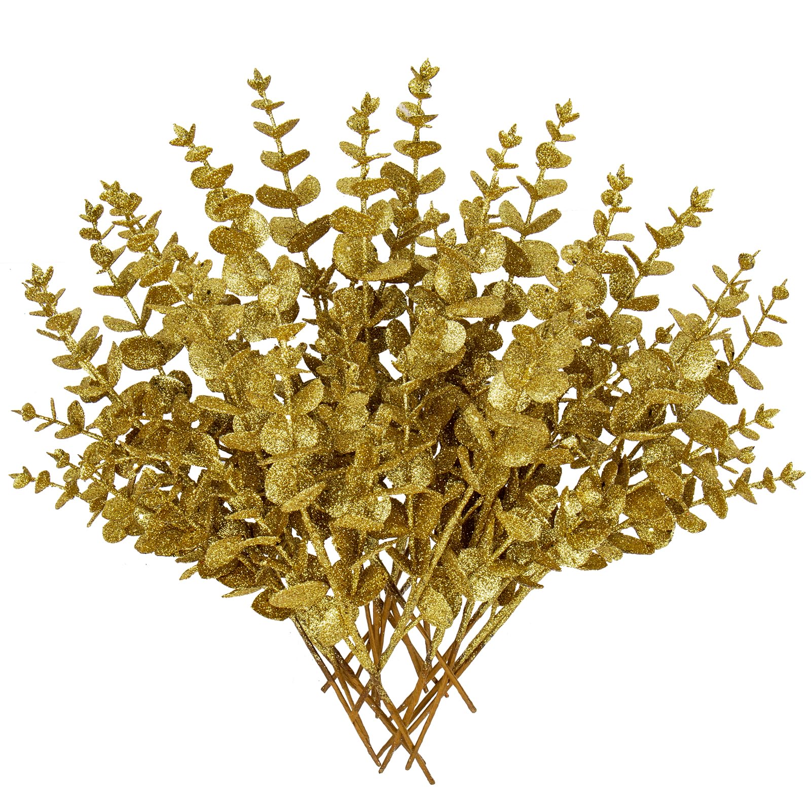 Oairse 20 hojas artificiales de eucalipto con purpurina de Navidad,hojas doradas,decoración de árbol de Navidad,tallo para adornos de árbol de Navidad,arreglos florales de Año Nuevo