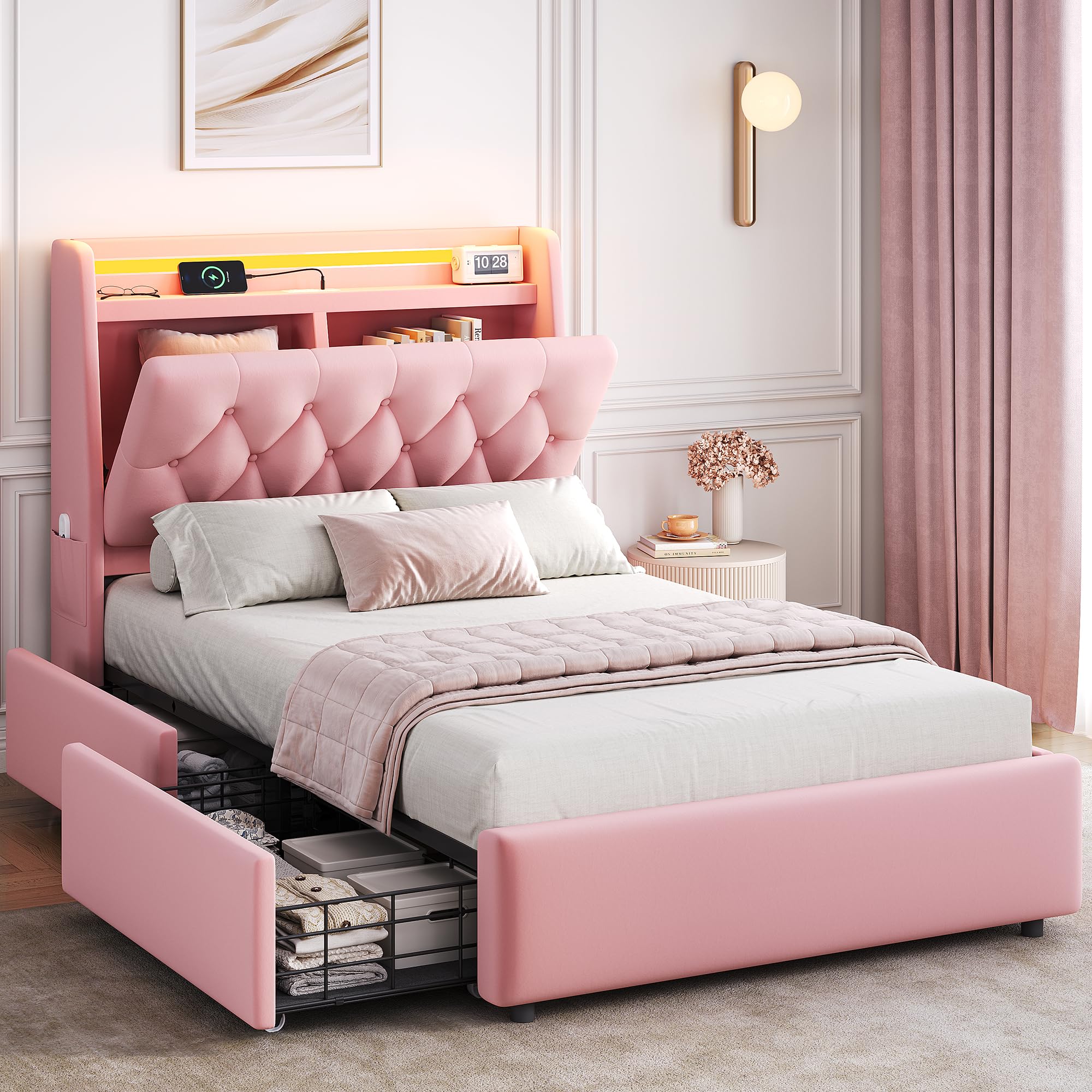 Twin LED Velvet Bed Frame with 2 Storage Drawers&Hidden Headboard, Upholstered Platform Bed with Charging Station&Button Tufted Design, Wooden Slats