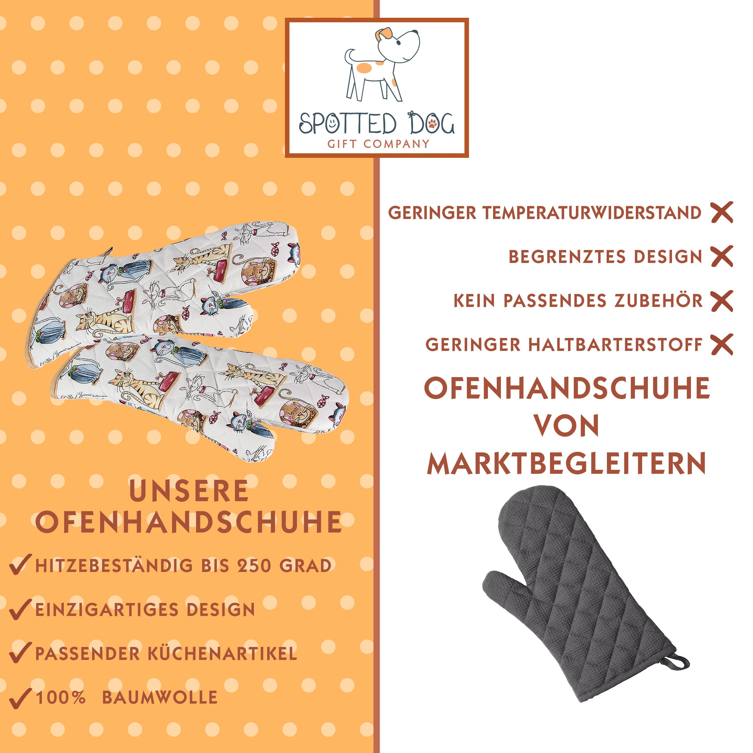 SPOTTED DOG GIFT COMPANY - Backhandschuhe Hitzebestaendig, Topfhandschuhe Ofenhandschuhe Lang mit Niedliches Katze und Katzen-Motiv
